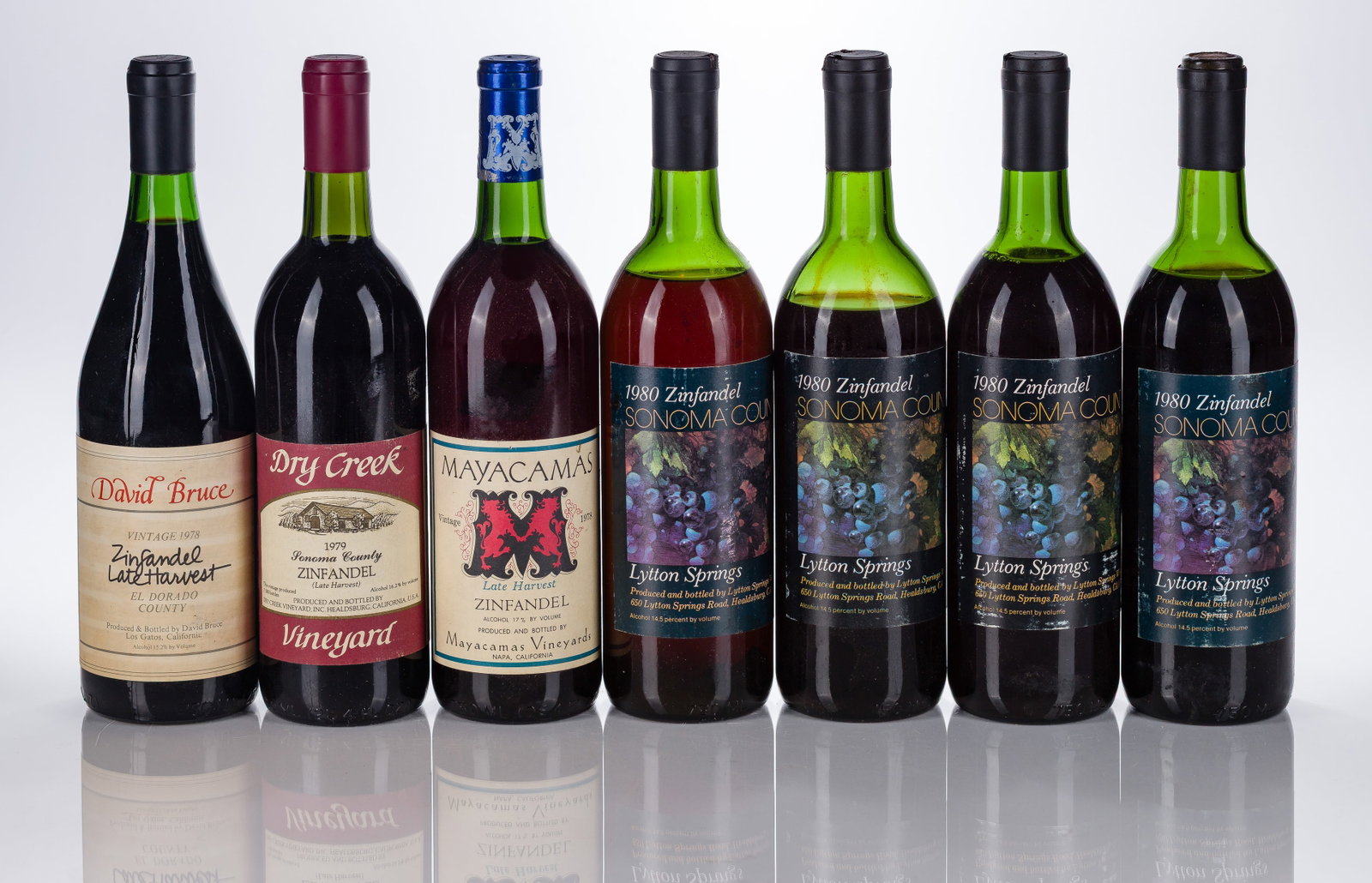 California Zinfandels: California Zinfandels From various vineyards such as David Bruce, Sonoma County, Mayacama, Dry Creek (7x 750ml), fill: BN / TS, labels: fully legible, intact having minor shelf wear, capsules /