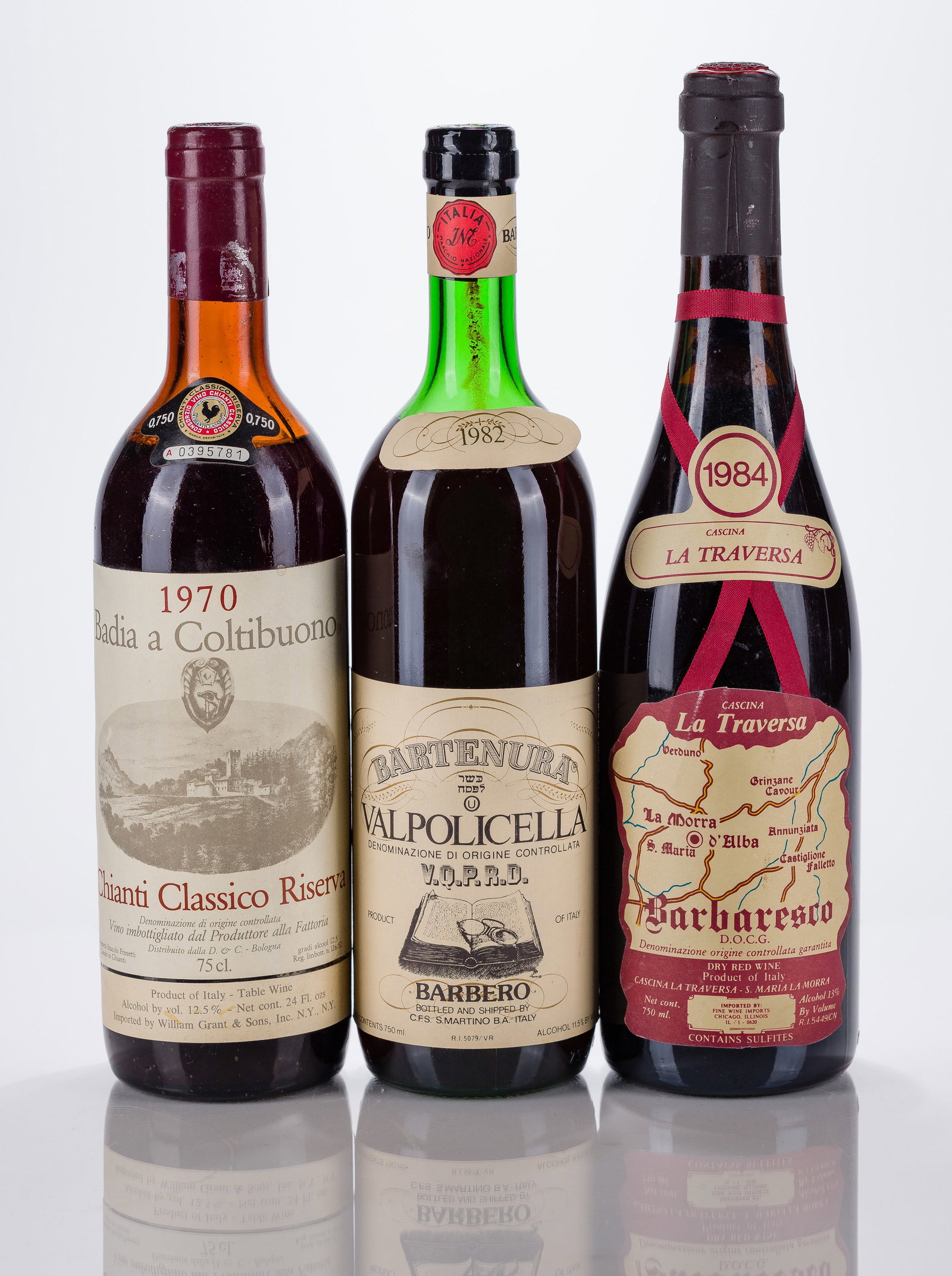 Italian Mixed Red Wines: Italian Mixed Red Wines 1970 Badia a Coltibuono (1x 750ml),1982 Bartenura Valpolicella (1x 750ml),1984 Casina La Traversa (1x 750ml),fill: BN, labels: fully legible, intact having minor wear, capsules