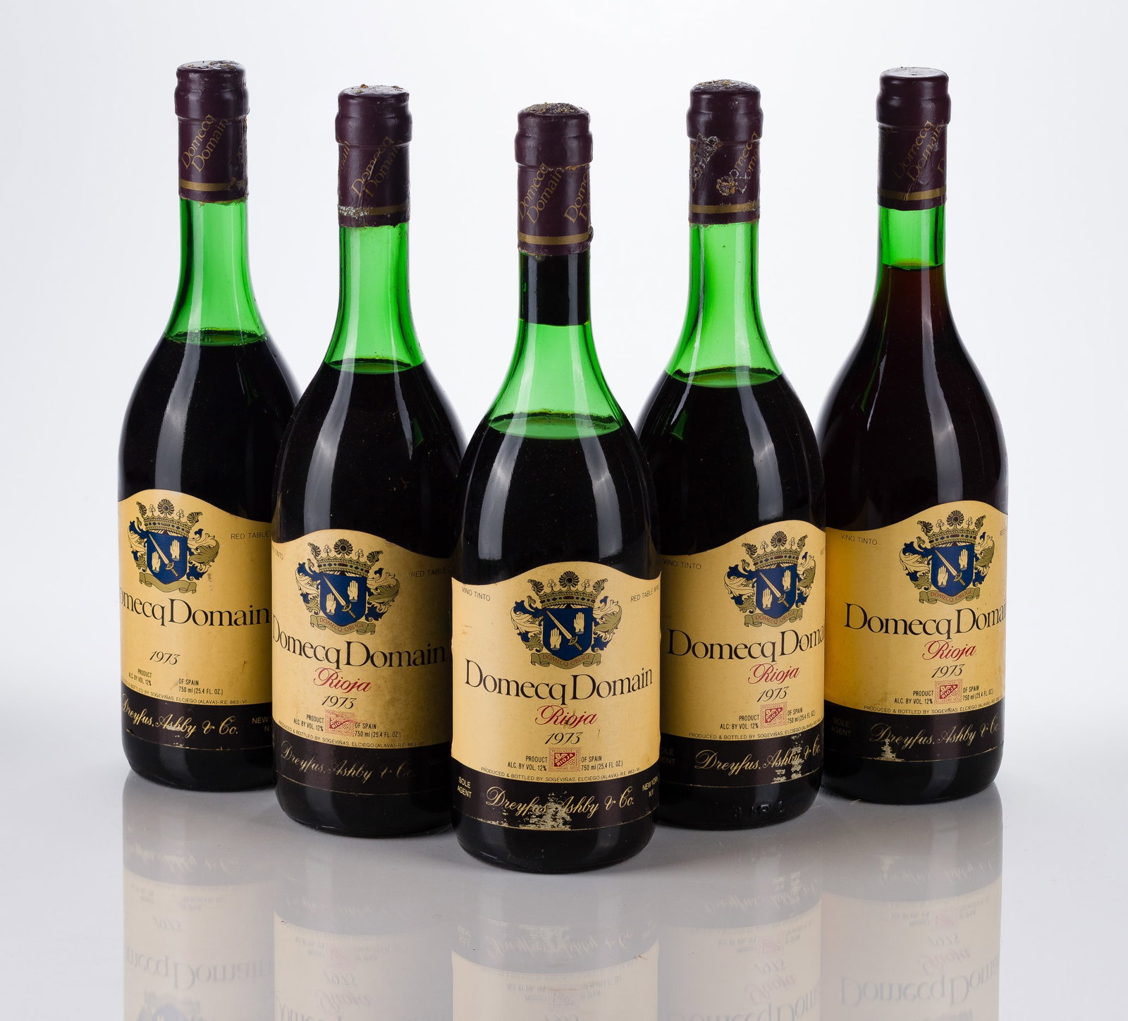 1973 Domecq Domain Rioja: 1973 Domecq Domain Rioja 1973 Domecq Domain Rioja (5x 750ml), Rioja Alavesa, Spain, fill: (1) N, (3) VHS, (1) HS, labels: fully legible, intact having minor shelf wear, capsules / corks: firm, origina