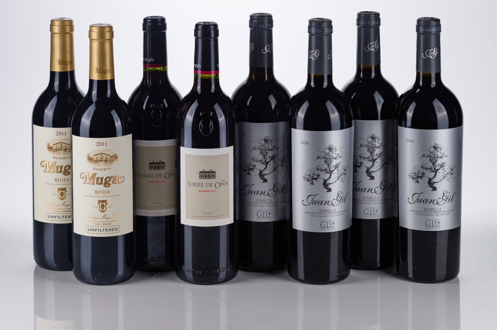 Spanish Mixed Wines: Spanish Mixed Wines 2011 Muga Reserve Roija (2x 750ml), Califcada Spain, fill: N2018 Jaun Gil Jumilla (4x 750ml), Protegida, Spain, fill: BN2010 Torre De Ona Roija Reserve (2x 750ml), Califcada