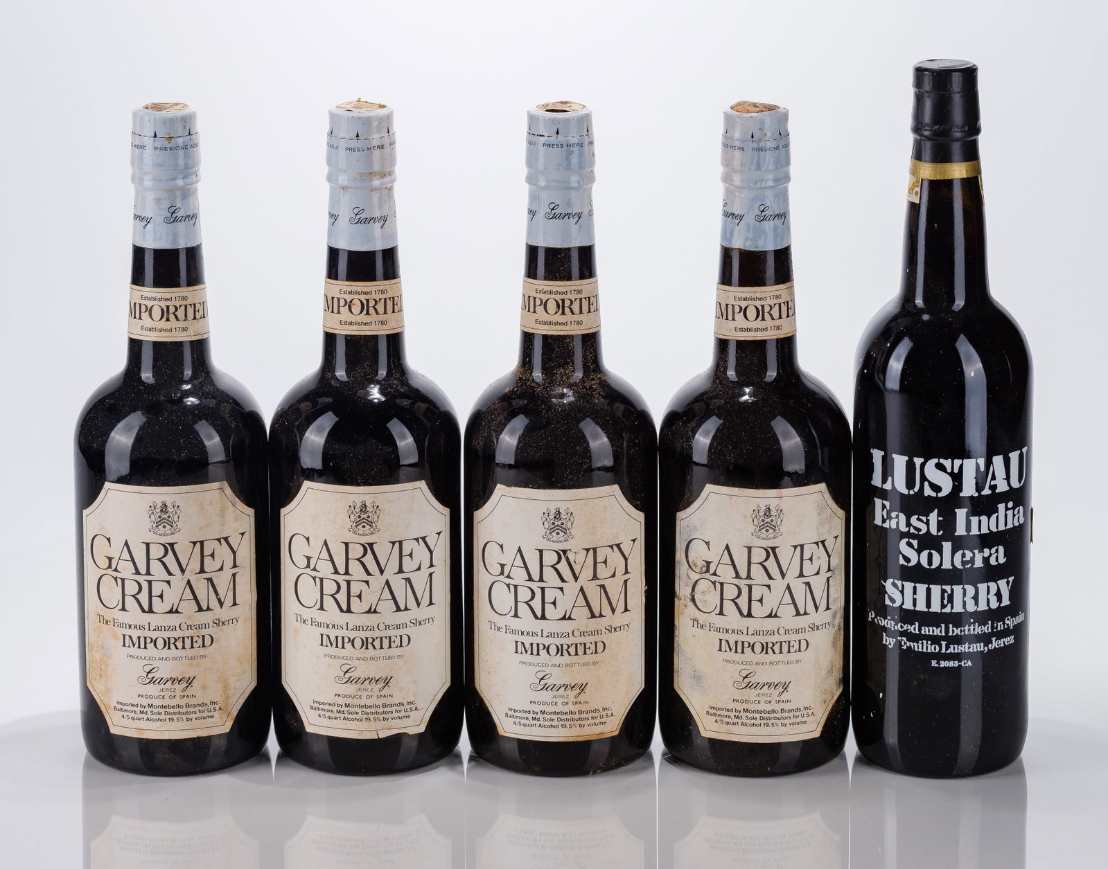 Spanish Mixed Wines: Spanish Mixed Wines Garvey Cream Sherry, Jerez Spain (4x 750ml), Lustau East India Solera Sherry, Jerez, Spain (1x 750ml), overall: fill: N / BN, labels: fully legible, intact, Garvey slightly bin