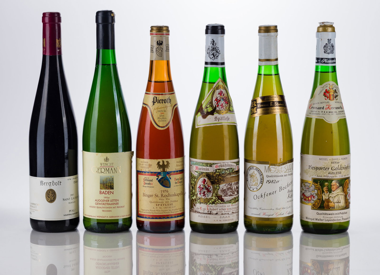 German Mixed Wines: German Mixed Wines Various German Wines (6x 750ml), including Auslese, Reisling, Spatlese, Gewutztaminer and St. Laurent, various years, fill: 1cm-2cm, labels: fully legible, intact having minor