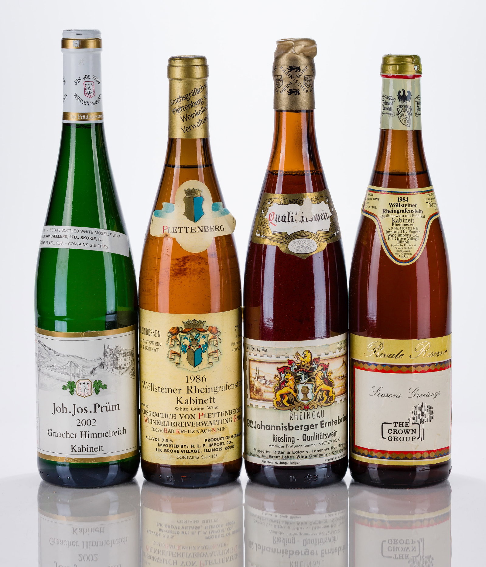 German Mixed White Wines: German Mixed White Wines 1982 Johannisberger Erntebringer (1x 750ml),1984 The Crown Group (1x 750ml),1986 Wollsteiner Rheingrafenstein (1x 750ml),2002 Joh.Jos.Prum (1x 750ml),labels: fully legible,