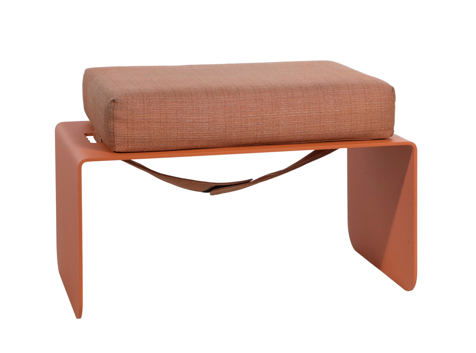 Levity Mid-Century Modern Metal Upholstered Ottoman: Levity Mid-Century Modern Metal Upholstered Ottoman An orange metal ottoman having an orange chenille cushion attached on the underside by a Velcro strap, labeled Levity Property from: an Estate,