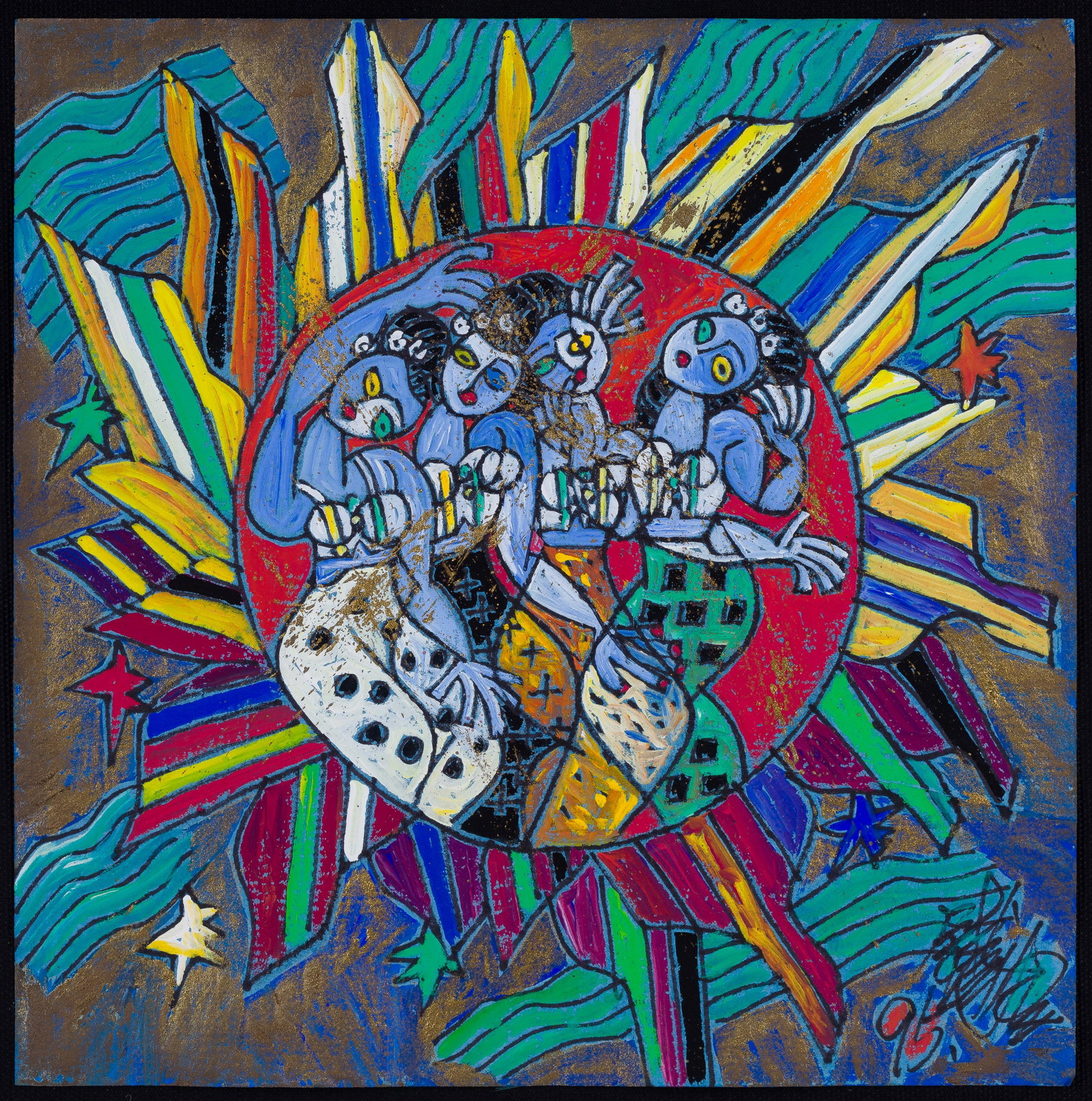 Tiefeng Jiang (Chinese, b.1938) 'Four Seasons' Mixed Media: Tiefeng Jiang (Chinese, b.1938) 'Four Seasons' Mixed Media 1995, signed, depicting four abstract female figures dancing inside a fiery red celestial sun disk and surrounded by bold, multicolored rays,