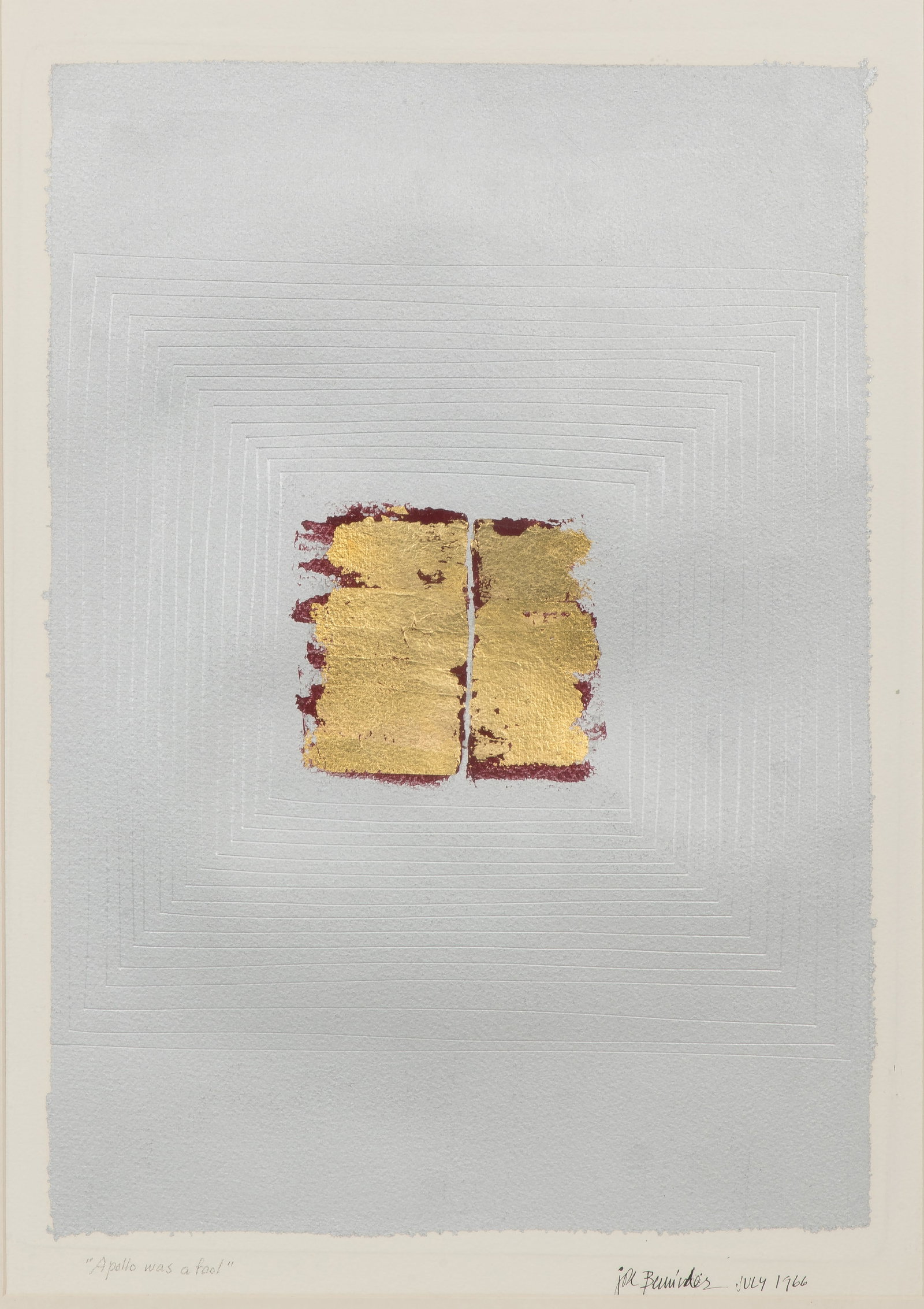 Jose Ygnacio Bermudz (Cuban / American, 1922-1988) 'Apollo was a Fool' Mixed Media: Jose Ygnacio Bermudz (Cuban / American, 1922-1988) 'Apollo was a Fool' Mixed Media 1966, signed and titled, a textured gold-tone element divided into two distinct panels having a vertical separation a