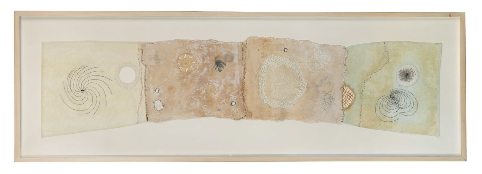 Ke Sook Lee (Korean, 1941-2025) 'Arm Pillow 1' Mixed Media: Ke Sook Lee (Korean, 1941-2025) 'Arm Pillow 1' Mixed Media 2003, signed, hand embroidered using household materials such as recycled vintage linens, doilies and aprons, float matted under acrylic in a