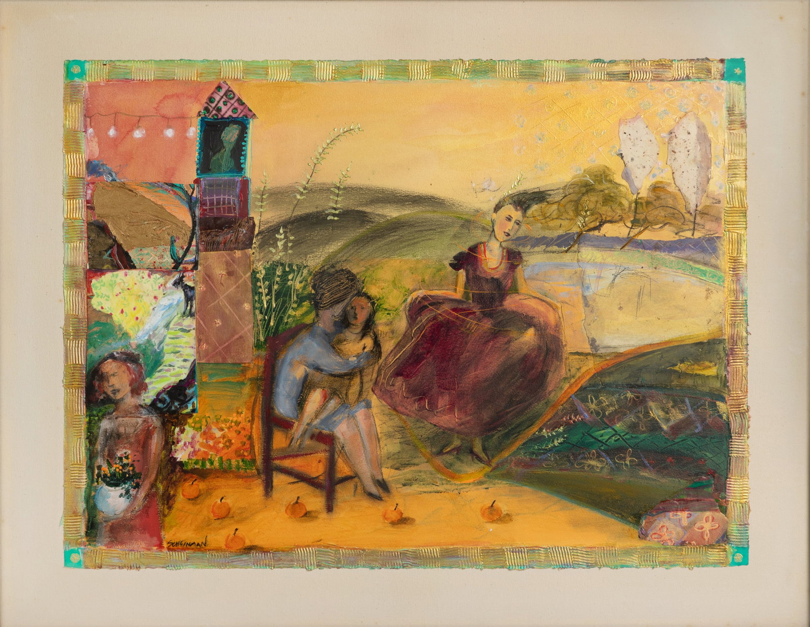 Nancy Scheinmann (American, b.1958) 'Her Seven Wishes' Mixed Media on Paper: Nancy Scheinmann (American, b.1958) 'Her Seven Wishes' Mixed Media on Paper Undated, signed, acrylic and ink on paper float mounted to linen behind acrylic in a gold-tone wood frame Property from: an 