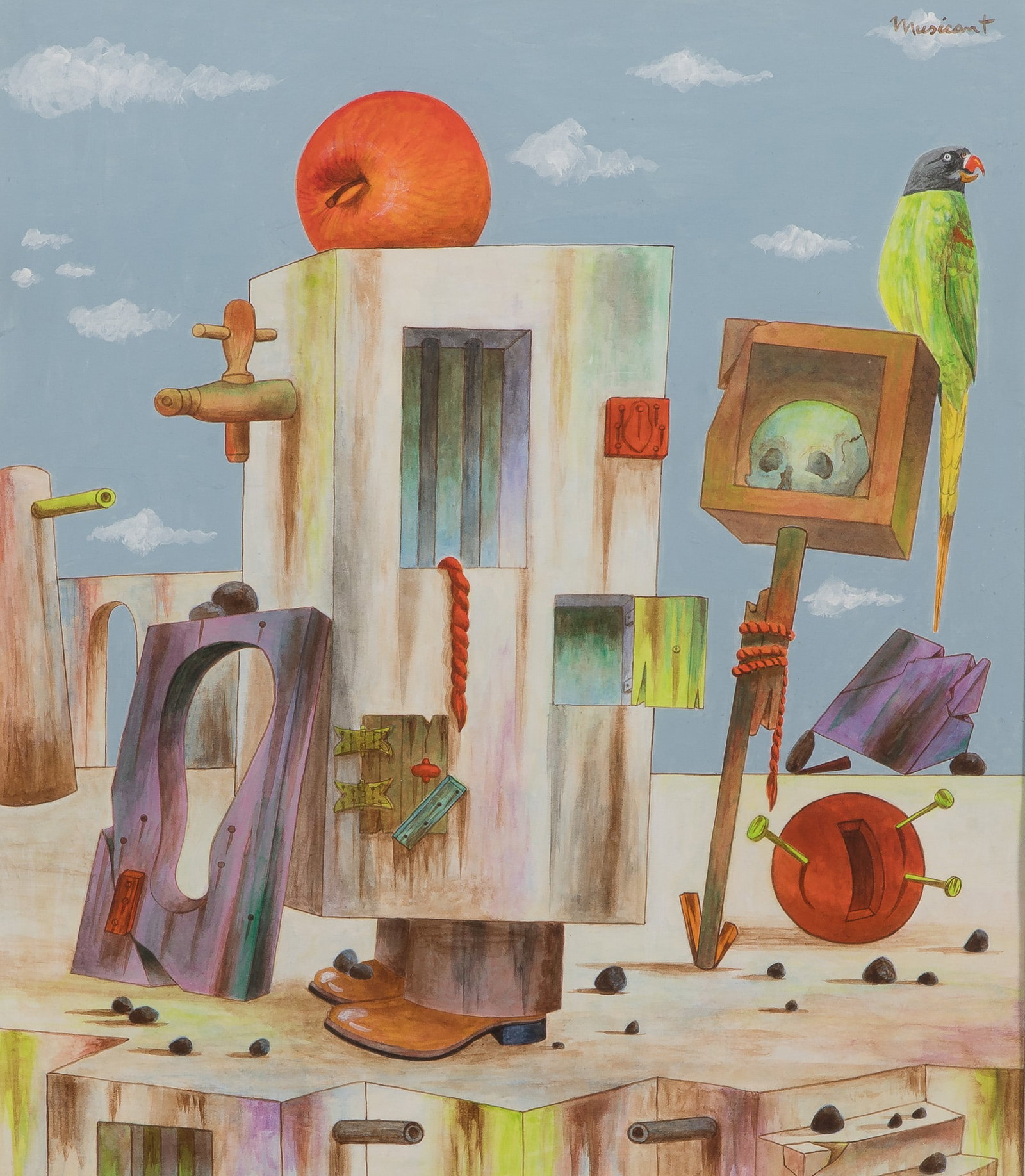 Tobias Musicant (American, 1921-2004) Ink and Gouache on Board: Tobias Musicant (American, 1921-2004) Ink and Gouache on Board Undated, signed upper right, surrealist scene matted behind acrylic in a metal frame Property from: a Private Collector, Beloit, Wisconsi
