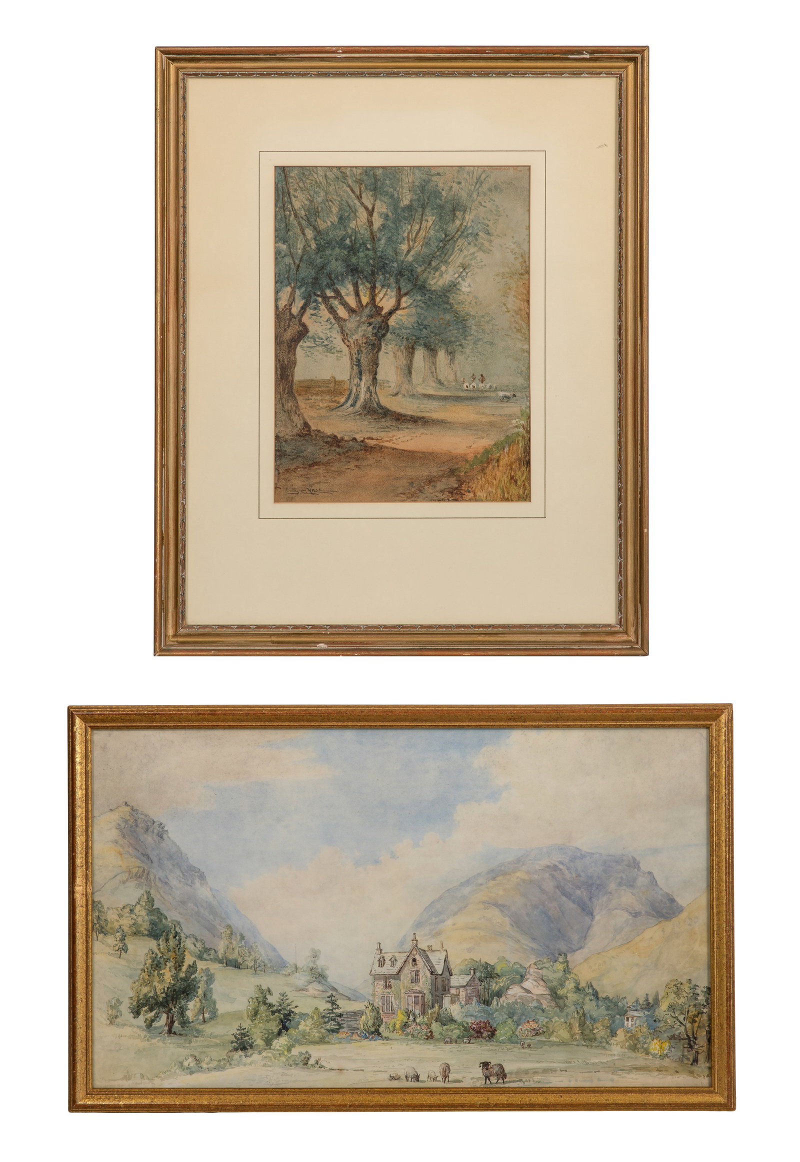 S. E. Hall (British, fl.1910-1930) Watercolor on Paper: S. E. Hall (British, fl.1910-1930) Watercolor on Paper (2) total items including an undated, signed depiction of a rural landscape having trees, sheep and figures walking in the distance; together wit