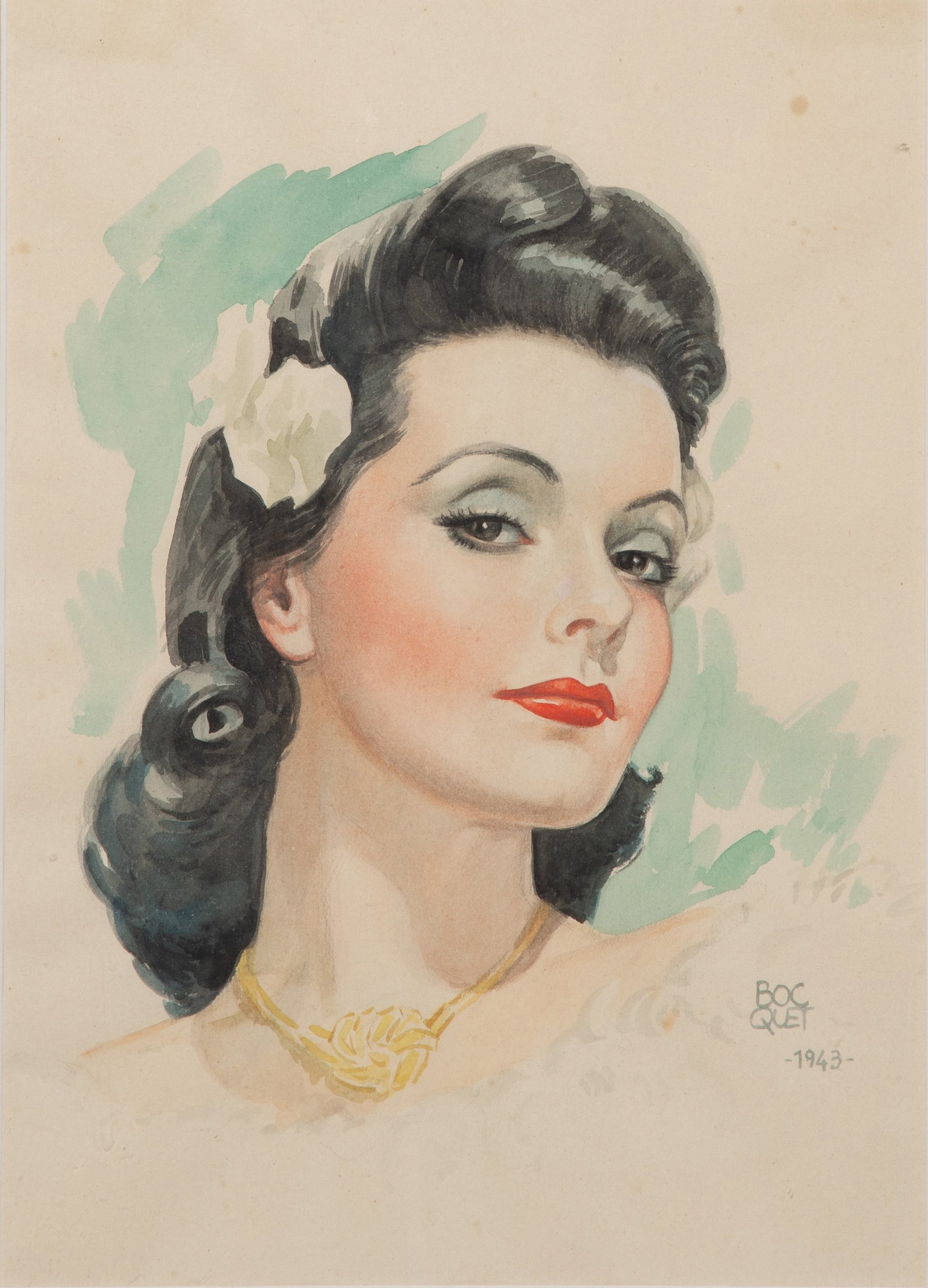 Joan Pau Bocquet Bertran (Spanish, 1904-1966) Watercolor on Paper: Joan Pau Bocquet Bertran (Spanish, 1904-1966) Watercolor on Paper 1941, signed portrait / illustration of a woman, matted under glass in a wood frame, having a biography sheet verso Property from: tbd
