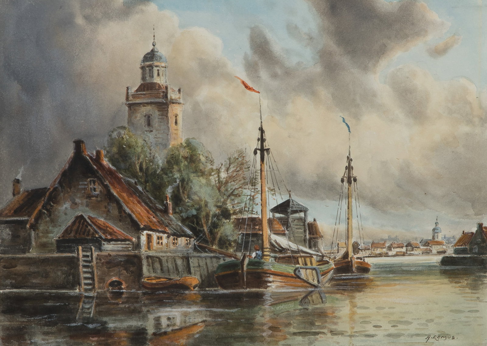 Aubrey Ramus (British, 1895-1950) Watercolor: Aubrey Ramus (British, 1895-1950) Watercolor Undated, signed depiction of a harbor view, matted behind glass in a wood frame having a brass label naming artist Property from: a Private Collector, Whea