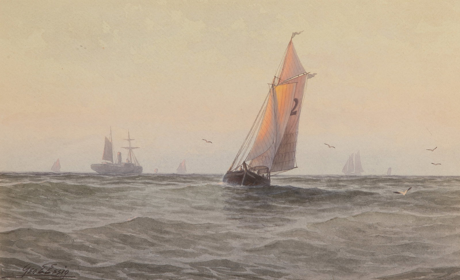 George Emerick Essig (American, 1838-1923) Watercolor: George Emerick Essig (American, 1838-1923) Watercolor Undated, signed depiction of watercraft, likely along the New Jersey shore, matted behind glass in a wood frame having a brass label naming artist