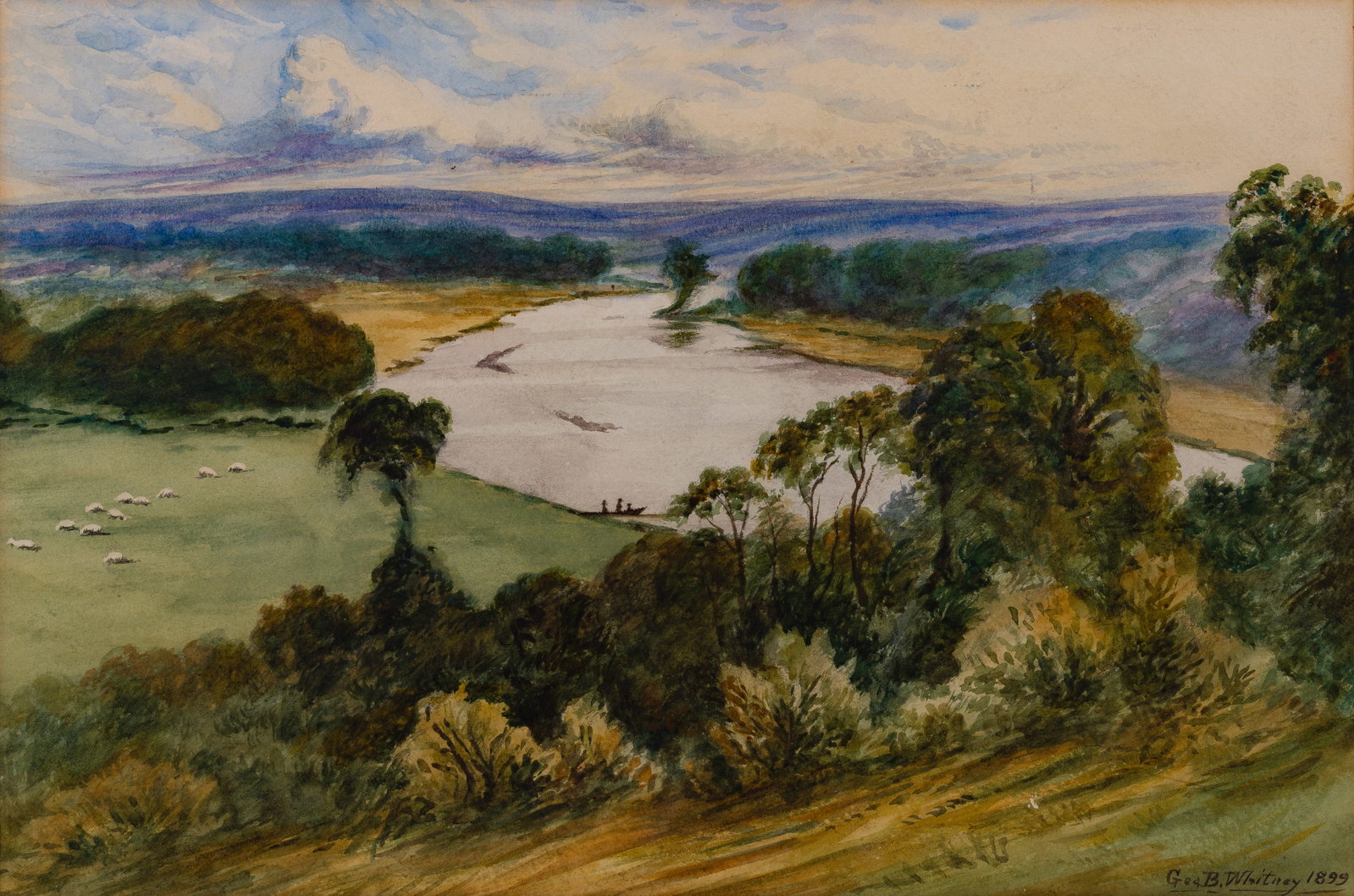 George B. Whitney (British, 20th Century) Watercolor on Paper: George B. Whitney (British, 20th Century) Watercolor on Paper 1899, signed, depicting a tranquil, winding river, rolling green hills, trees under cloud-filled sky, matted under glass in a gold-tone pa