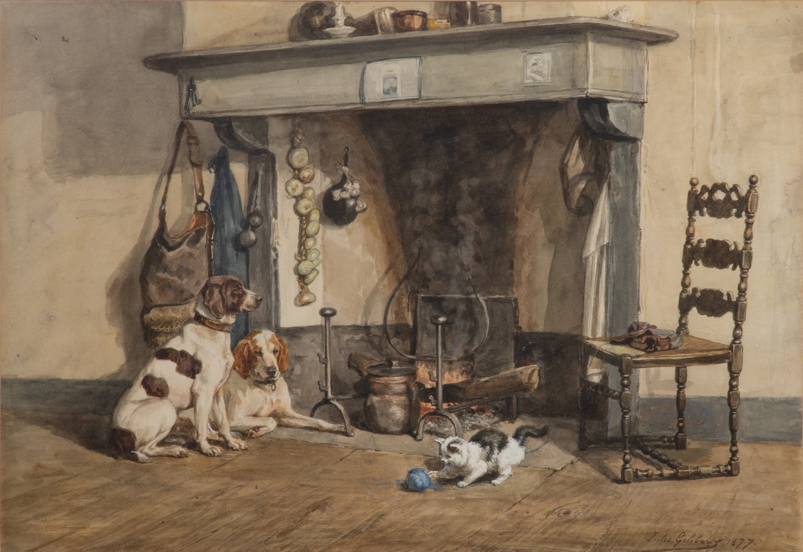 Jules Bertrand Gelibert (French, 1834-1916) Watercolor on Paper: Jules Bertrand Gelibert (French, 1834-1916) Watercolor on Paper 1877, dated and signed depiction of hounds ignoring a playful kitten in front of a fireplace, matted behind glass in a gold-tone accente