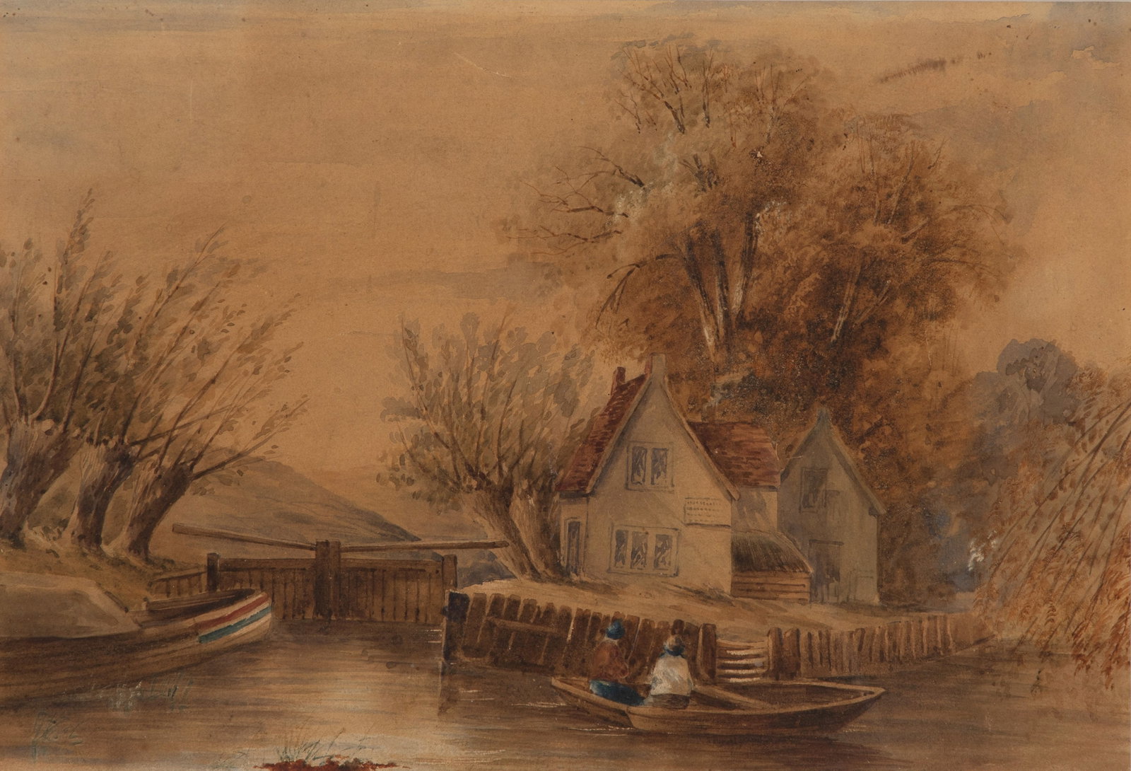 (British, 19th Century) 'Mapledurham Locks Near Reading Berks' Watercolor: (British, 19th Century) 'Mapledurham Locks Near Reading Berks' Watercolor Undated, unsigned, a brass label which transcribes an ink inscription verso giving artist and title, a statement of ownership 