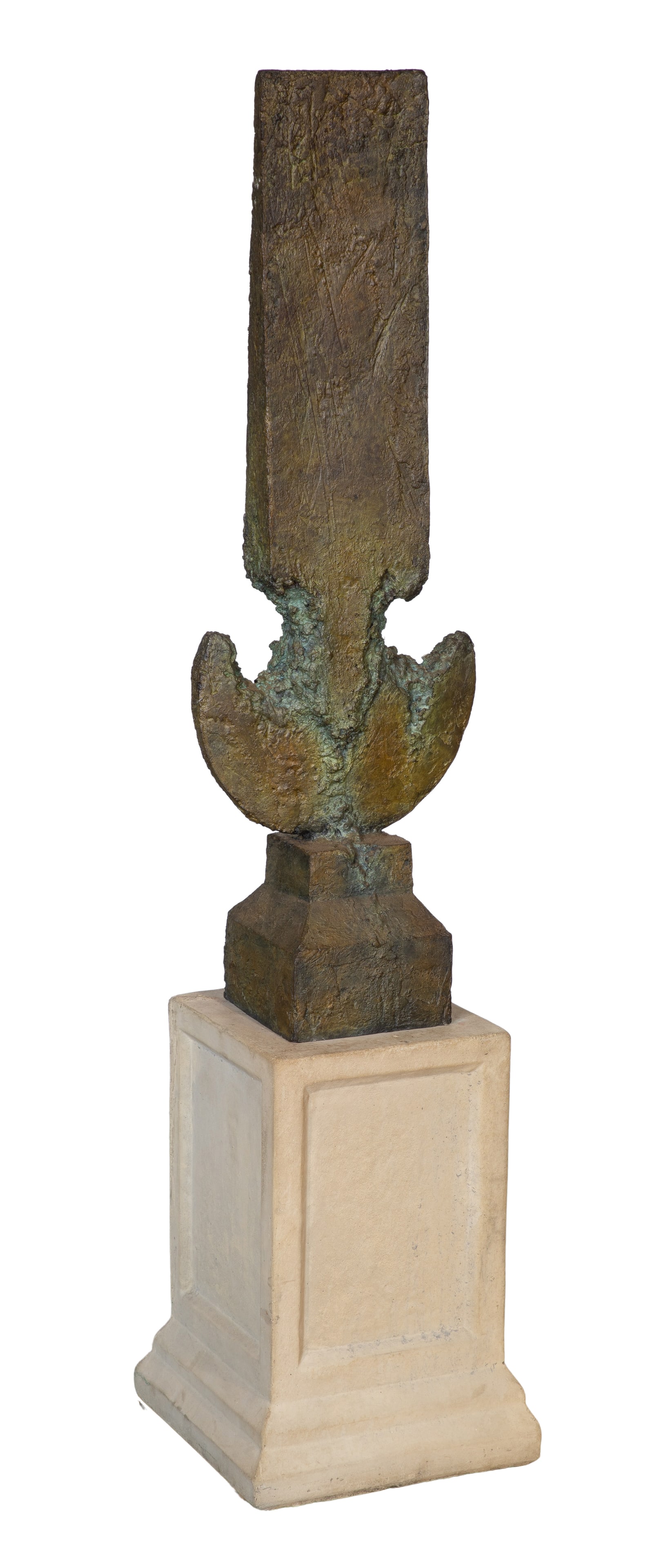 Kevin Robb (American, b.1955) Bronze Sculpture: Kevin Robb (American, b.1955) Bronze Sculpture Undated, incised initials and AP, patinated bronze having a rough, oxidized green and brown finish, a vertical blade-like form rising from a rounded and 