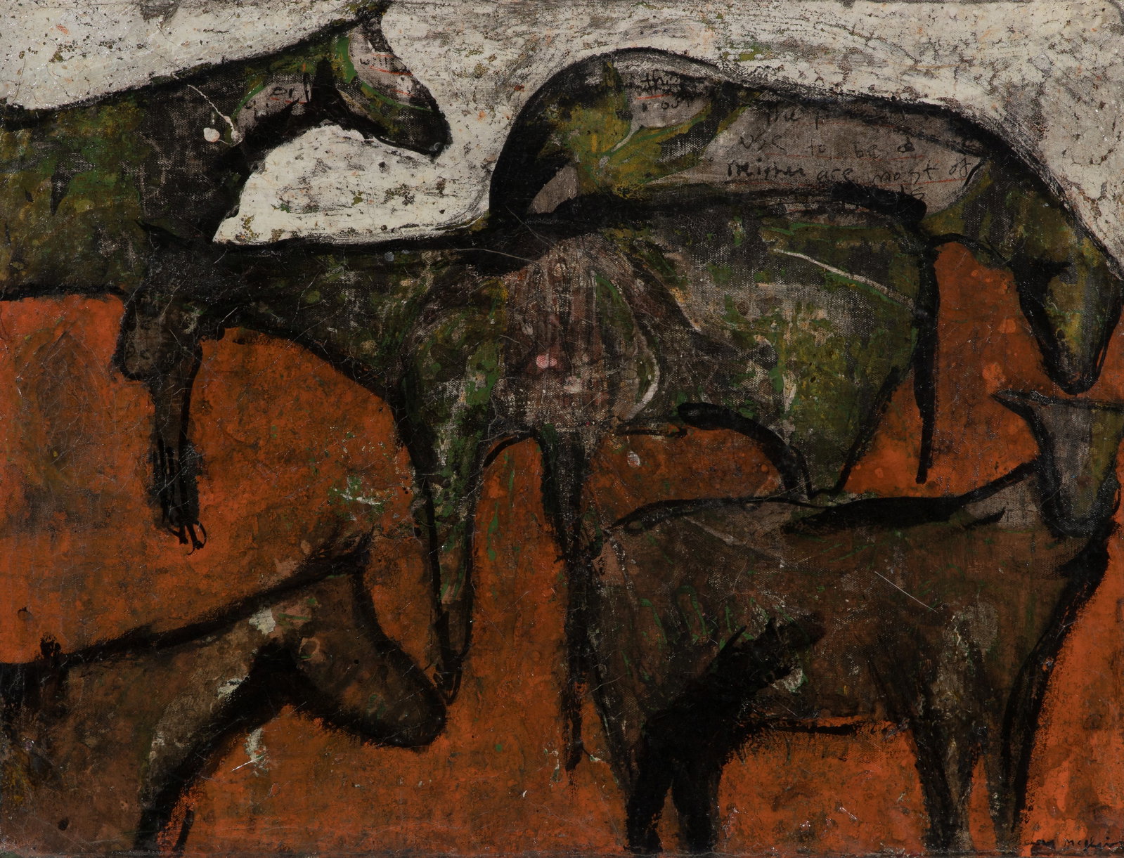 Casey McGlynn (Canadian, b.1970) '5 Horses on Orange Field' Oil on Canvas: Casey McGlynn (Canadian, b.1970) '5 Horses on Orange Field' Oil on Canvas 2003, signed lower right, signed again and titled verso, depicting horses in a field, unframed Property from: an Estate, Chica