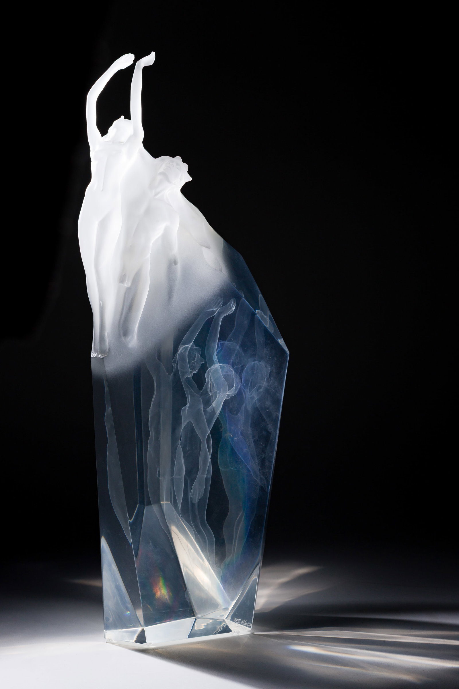 Frederick Hart (American, 1946-1999) 'First Light' Acrylic Sculpture: Frederick Hart (American, 1946-1999) 'First Light' Acrylic Sculpture 1991, etch signed, #272/400, translucent and frosted figurative forms emerging from a monolithic, prismatic block of clear acrylic 