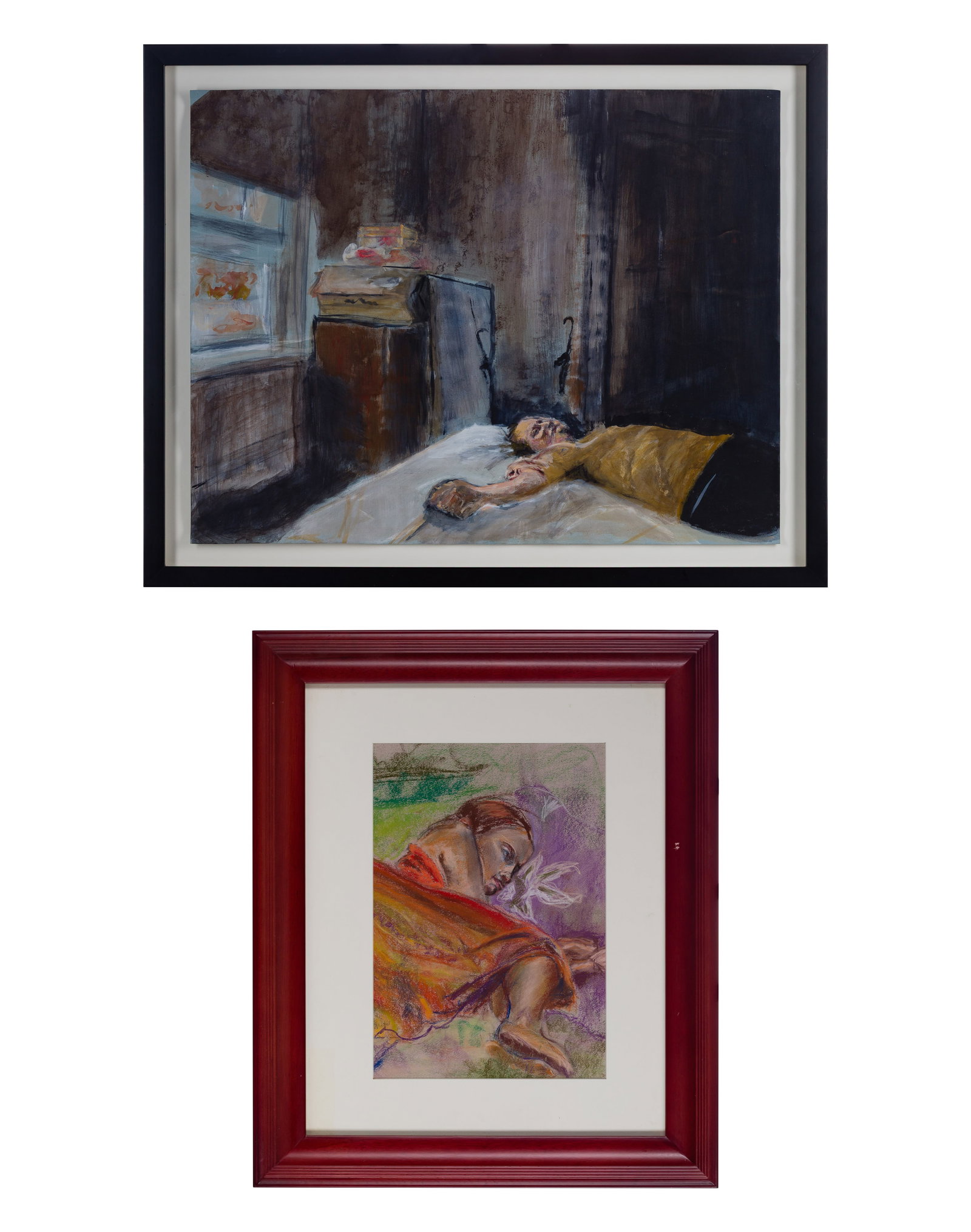 Unknown Artists (20th Century) Two Works: Unknown Artists (20th Century) Two Works (2) undated, unsigned items including a watercolor depicting a man lying on a bed, float matted under glass and a pastel of a figure sleeping on the ground, ma