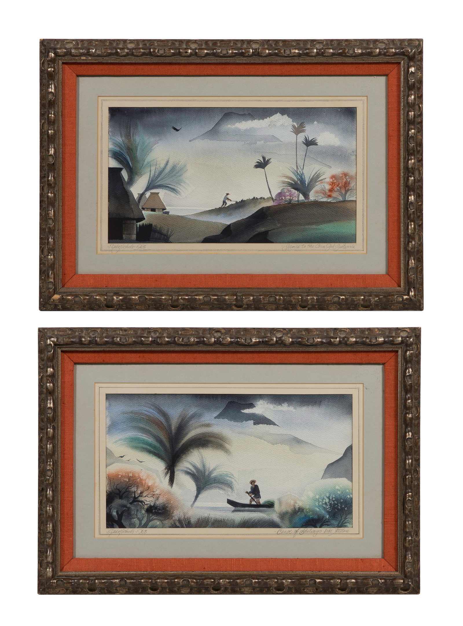 Dale Nichols (American, 1904-1995) Watercolors: Dale Nichols (American, 1904-1995) Watercolors (2) 1963 items, pencil signed, dated and titled, including 'Canoe of Santiago - Lake Atitlan' and 'Service to the Corn God - Guatemala', uniformly matted