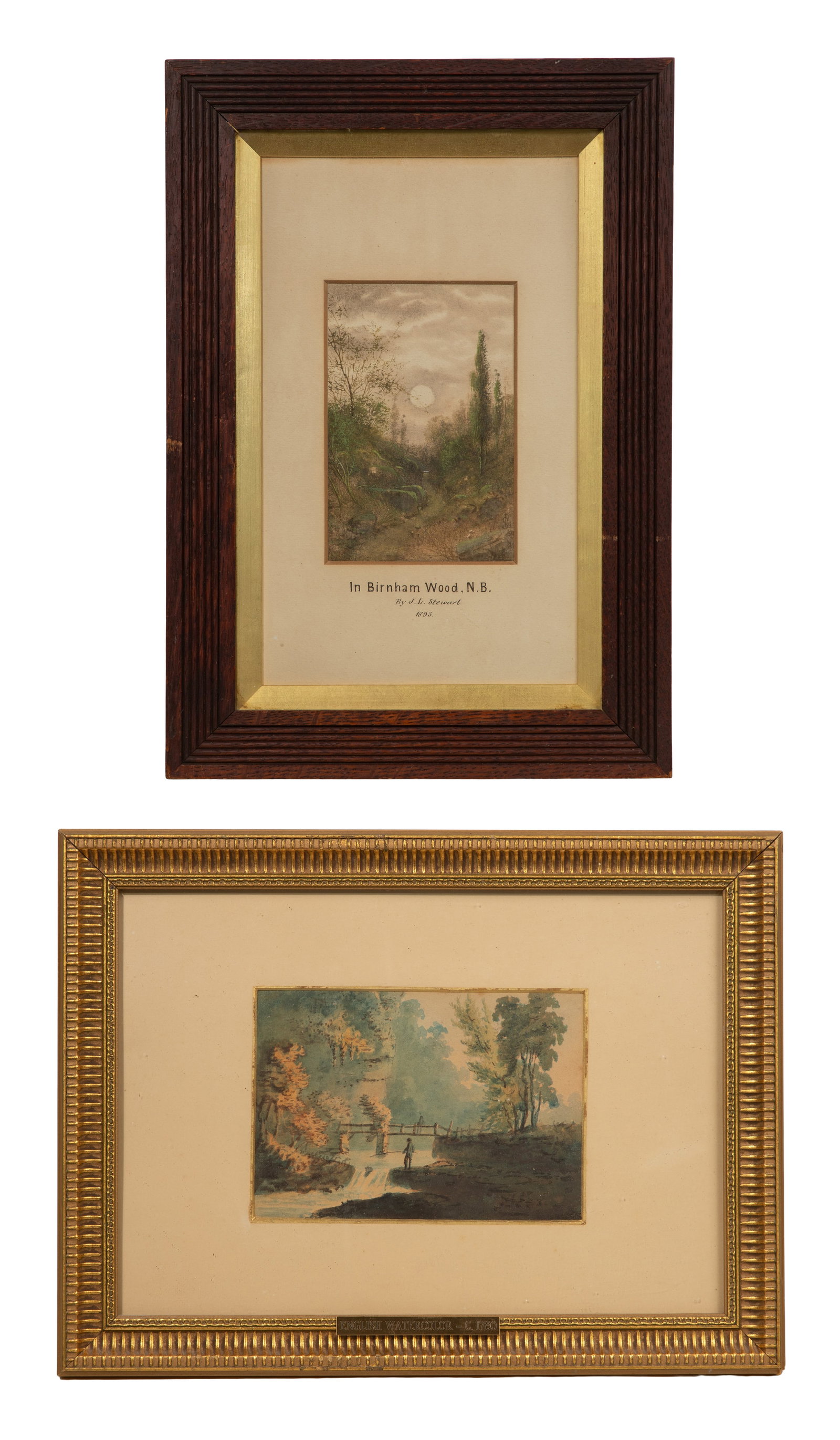 Attributed to James Lawson Stewart (British, 1841-1929) Watercolor: Attributed to James Lawson Stewart (British, 1841-1929) Watercolor (2) total items including an unsigned, undated landscape having a printed mat reading 'In Birnham Wood, N.B. / By J. L. Stewart / 189