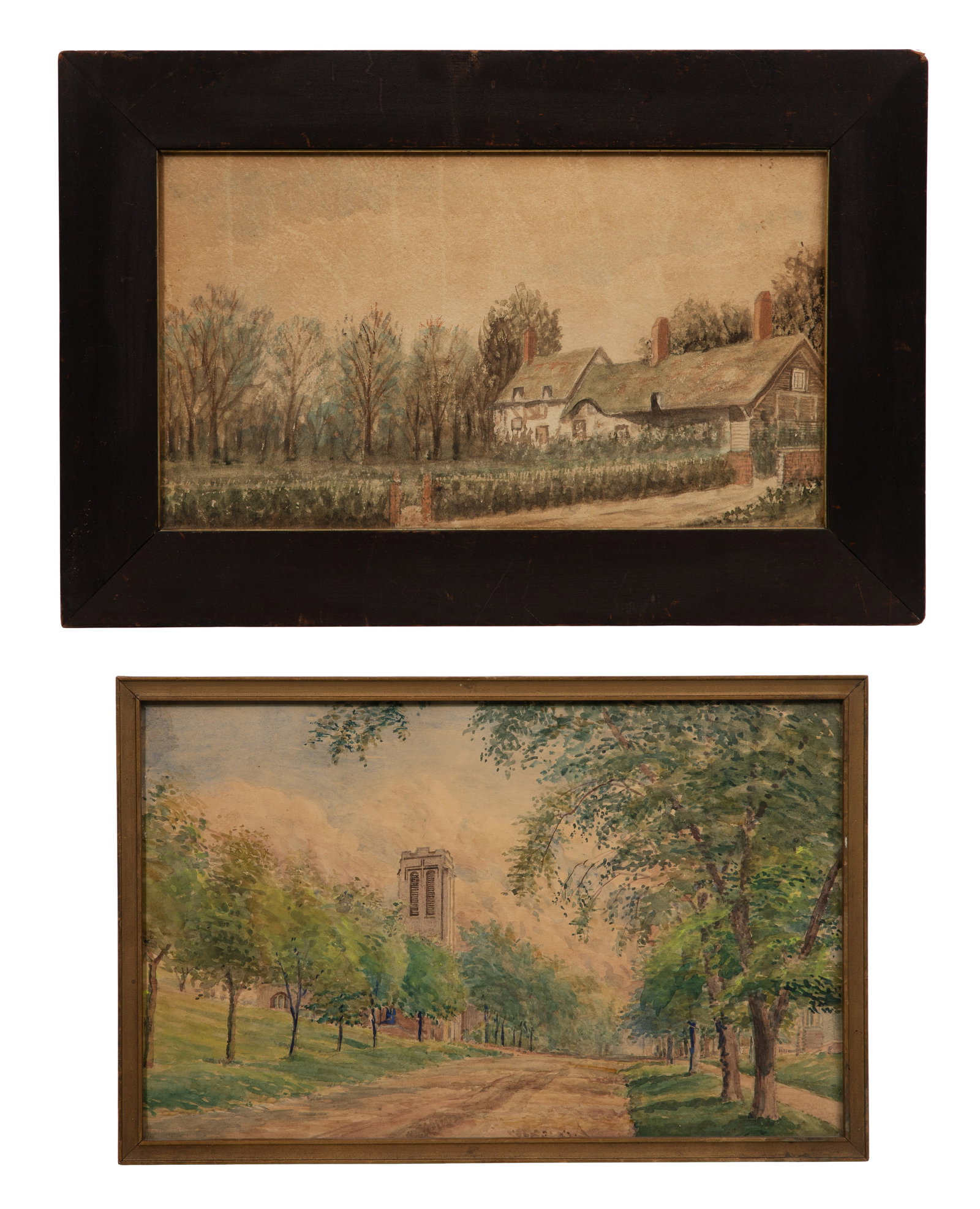 Unknown Artists (British, 19th Century) Watercolors on Paper: Unknown Artists (British, 19th Century) Watercolors on Paper (2) unsigned items including a cottage view, likely depicting Anne Hathaway's Cottage in Shottery, Stratford-upon-Avon, England and a view 