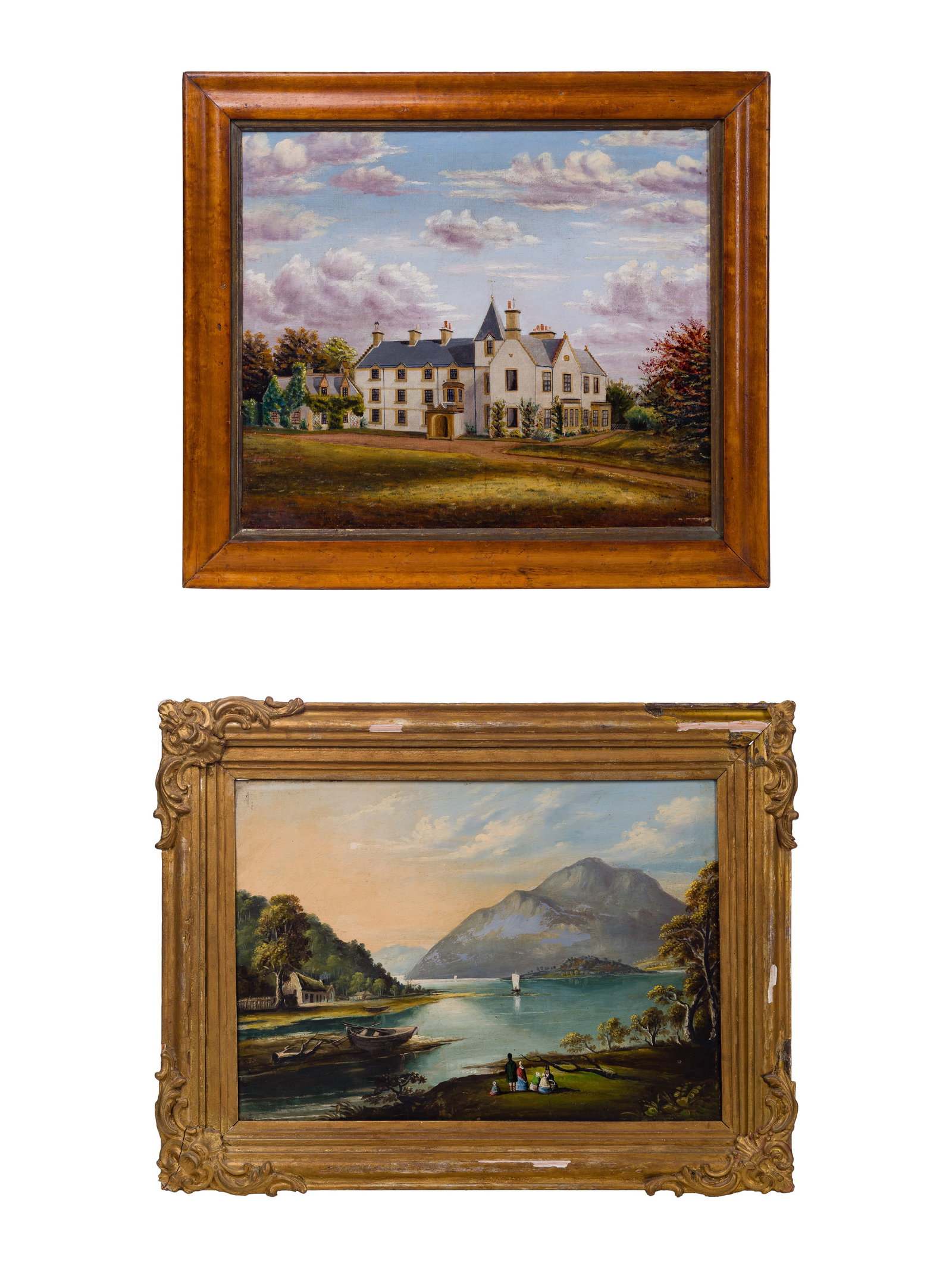 Unknown Artist (20th Century) Oils on Canvas: Unknown Artist (20th Century) Oils on Canvas (2) undated, unsigned items including a depiction of the 7th-century manor house located in Muir of Ord, Scottish Highlands, in a wood frame and a depictio