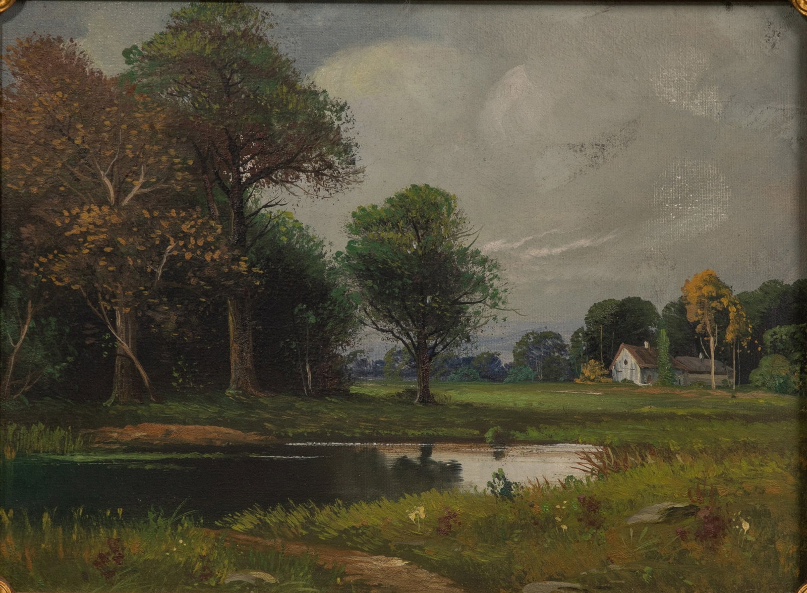 Unknown Artist (20th Century) Oil on Canvas: Unknown Artist (20th Century) Oil on Canvas Undated, unsigned depiction of a pond and grove of trees near cleared land and farm buildings, in a gold-tone composite on carved wood frame Property from: 