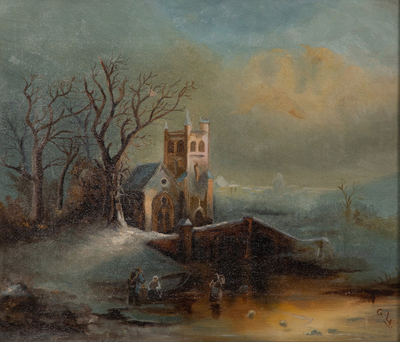 Unknown Artist (Continental School, 20th Century) Oil on Canvas: Unknown Artist (Continental School, 20th Century) Oil on Canvas Undated, initialed 'G. L.', a depiction of travelers shifting their packs near a bridge in front of a Gothic style church, in a gold-ton