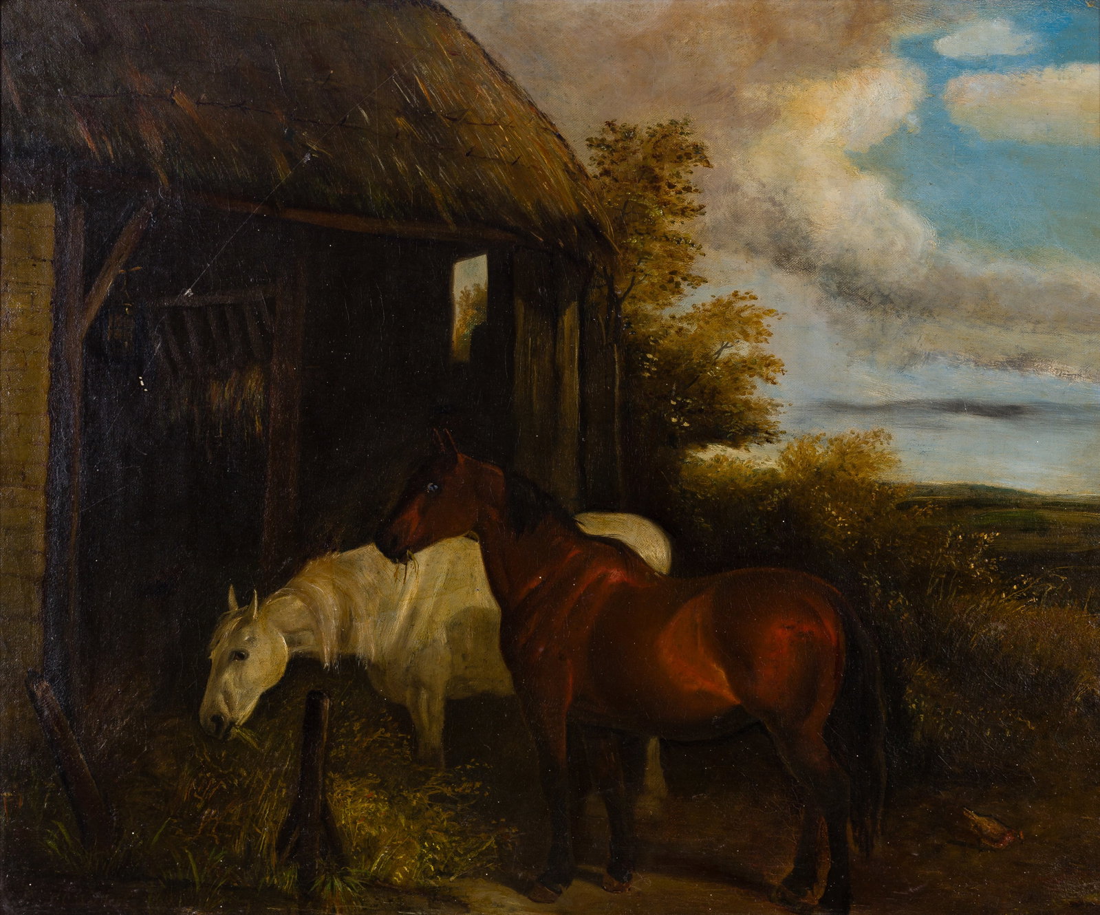 Henry Charles Woollett (British, 1826-1893) Oil on Board: Henry Charles Woollett (British, 1826-1893) Oil on Board Undated, signed depiction of horses in a stable, in a gold-tone gesso on wood frame having a placard Property from: a Private Collector, Wheato
