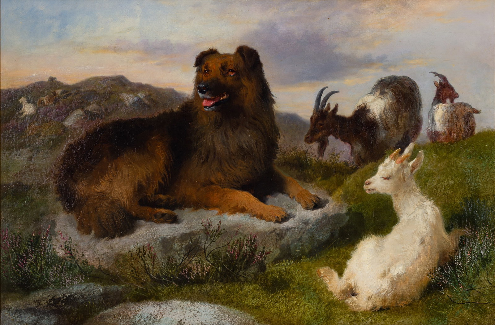 Richard Ansdell, RA (British, 1815-1885) 'Keeping Watch' Oil on Canvas: Richard Ansdell, RA (British, 1815-1885) 'Keeping Watch' Oil on Canvas 1863, signed, depicting a dog keeping watch over goats, in a gilt frame having placard, Scottish Art Heritage card verso Provenan