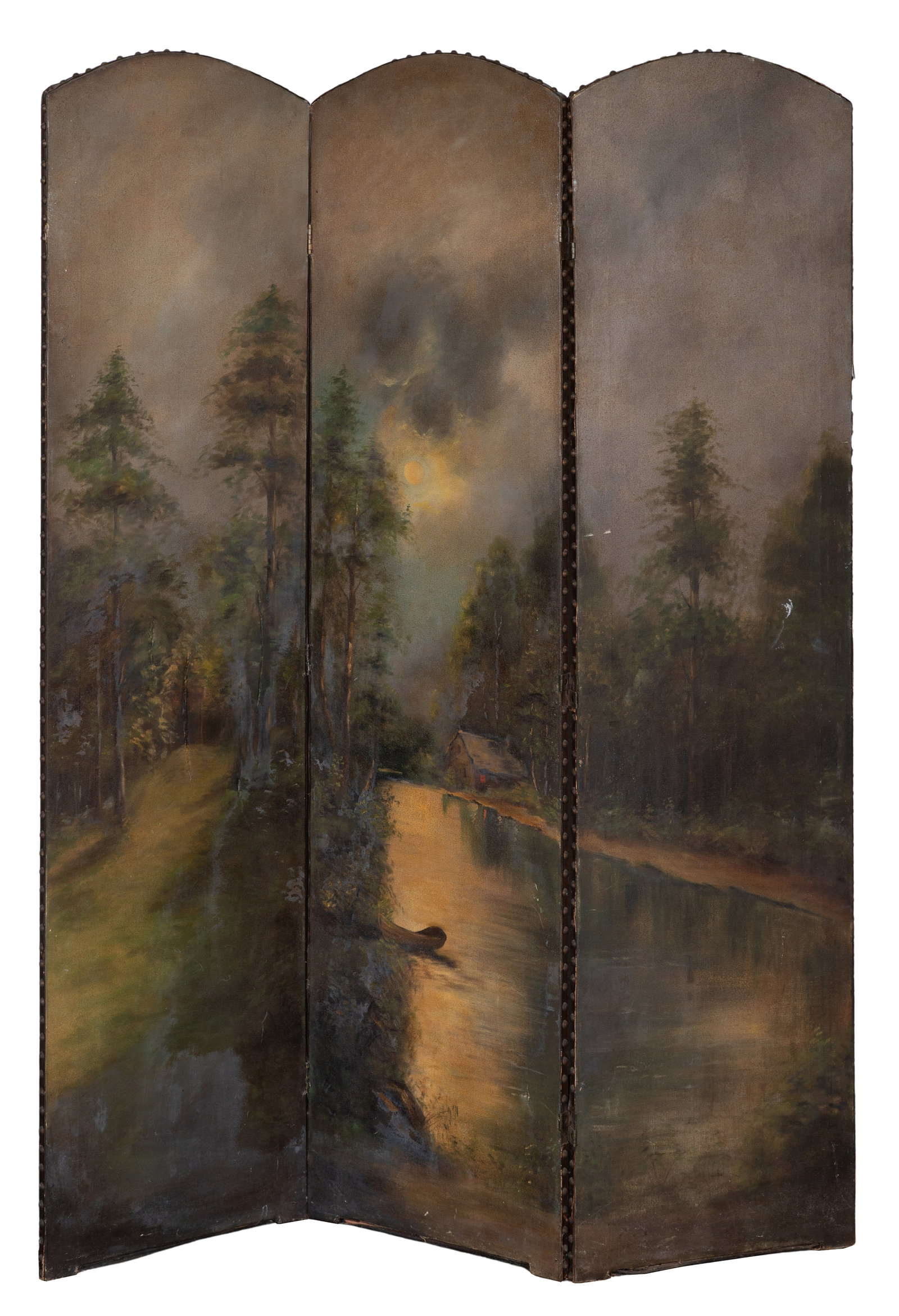 Unknown Artist (European, 19th Century) Oil on Canvas Folding Screen: Unknown Artist (European, 19th Century) Oil on Canvas Folding Screen Undated, unsigned, three 17-inch wide panels depicting a pond in a forest, solid color canvas back, nail head trim at edges Propert