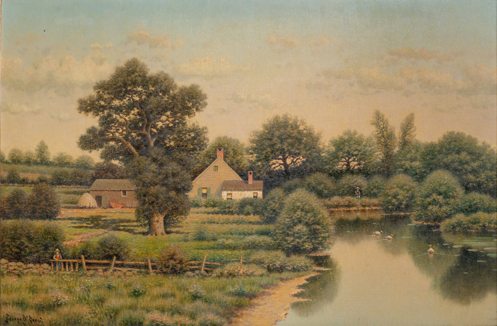 George Drew (American, 1875-1968) 'Summer Afternoon' Oil on Canvas: George Drew (American, 1875-1968) 'Summer Afternoon' Oil on Canvas Undated, signed, depicting a farmhouse and a figure fishing in a pond, in a gold-tone painted wood frame having title placard, a Find