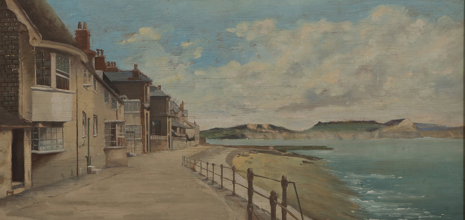 After P. J. Woodrow (English, 1878-1947) 'Lyme Regis' Oil on Board: After P. J. Woodrow (English, 1878-1947) 'Lyme Regis' Oil on Board Undated and unsigned depiction of an English waterfront village, in a gold-tone composite on wood frame Property from: a Private Coll