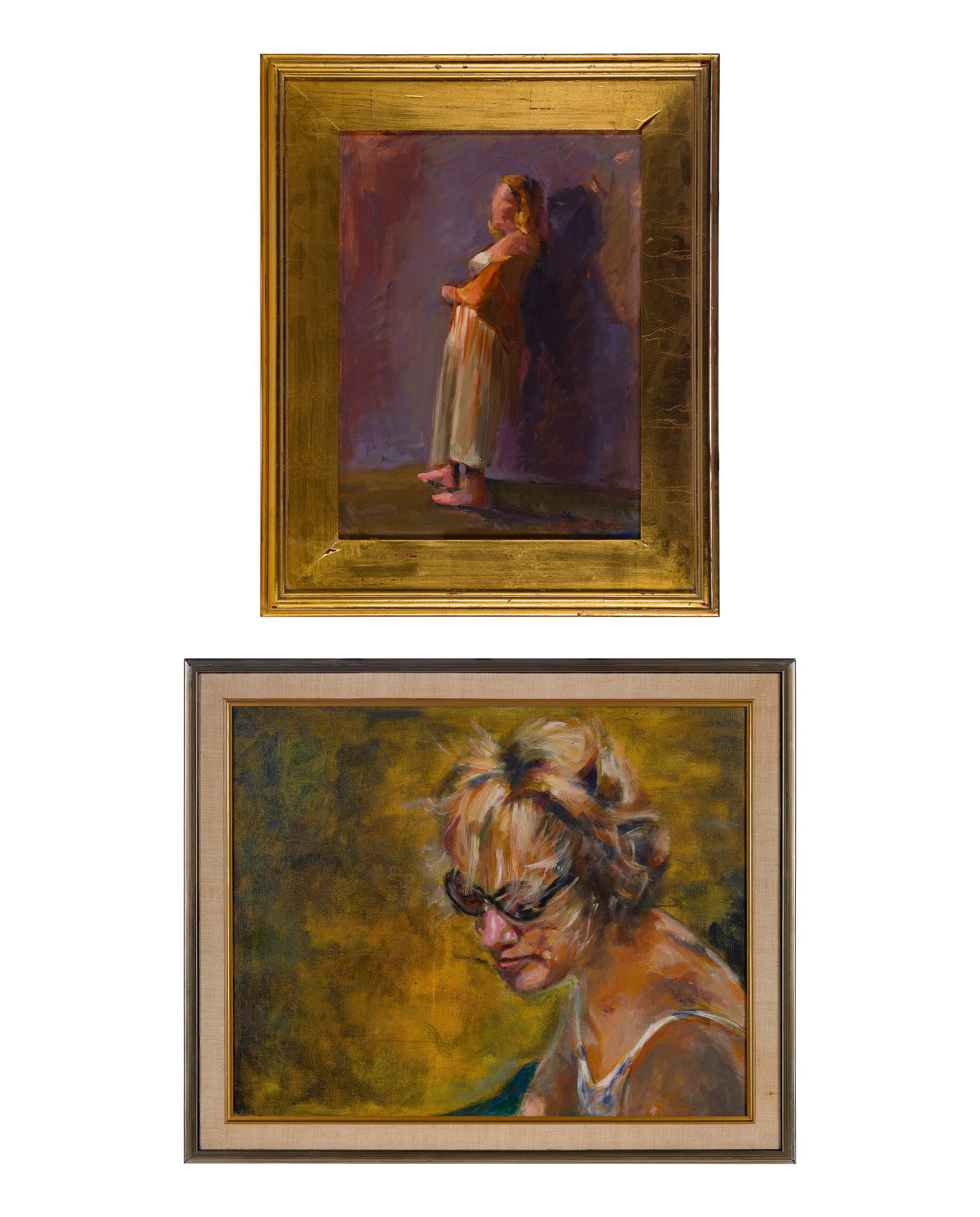Carol Maguire (American, b.1953) 'Waiting #2' Oil on Panel: Carol Maguire (American, b.1953) 'Waiting #2' Oil on Panel (2) total items including an undated, signed depiction of a woman leaning against a wall, in a gilt wood frame having artist card verso; toge