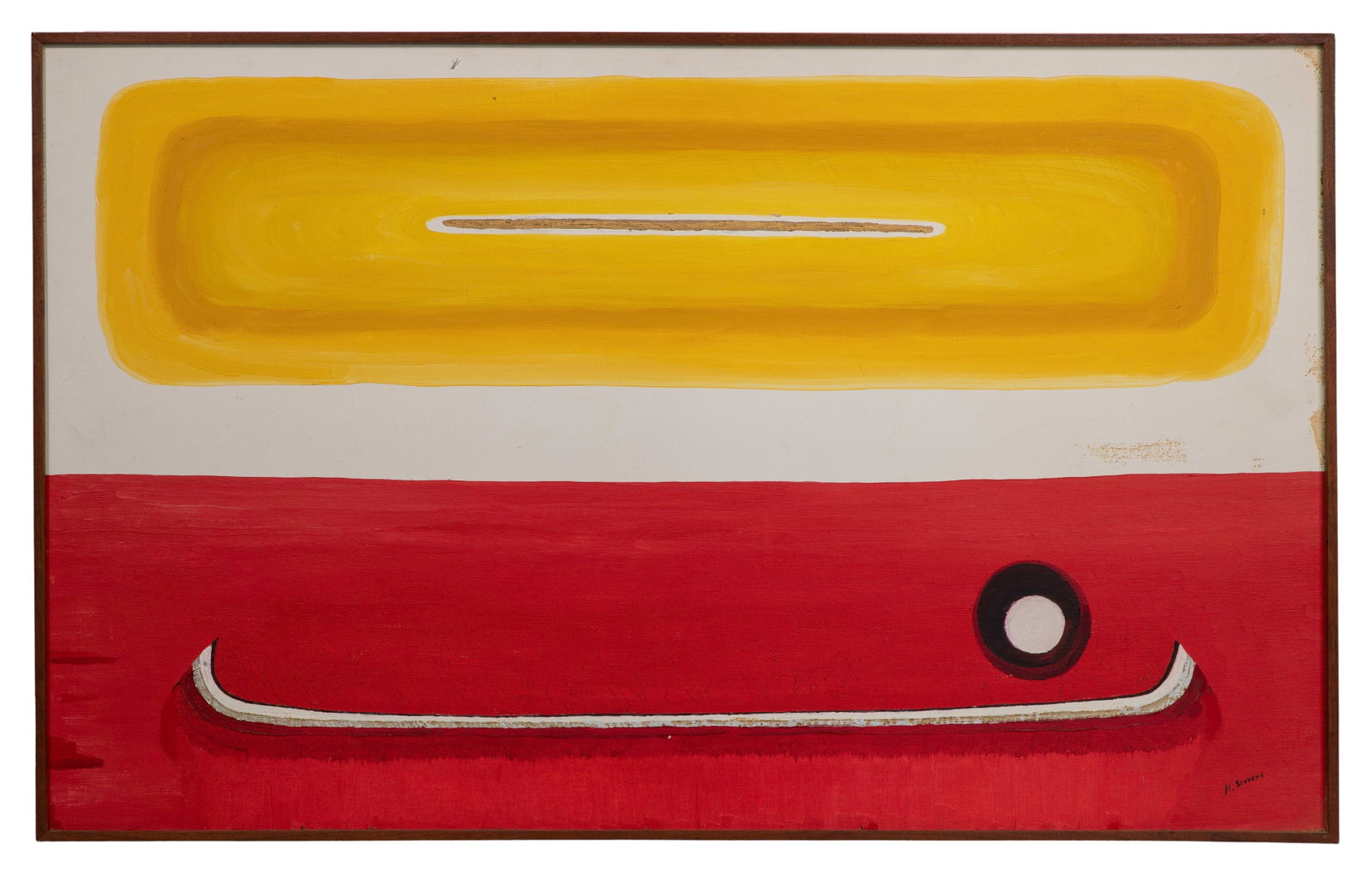 H. Sravens (20th Century) Oil on Canvas: H. Sravens (20th Century) Oil on Canvas Undated, signed abstract having bold stripes of yellow, red and white, in a wood lath frame Property from: an Estate, Glen Ellyn, Illinois Height: 24 inches, Wi