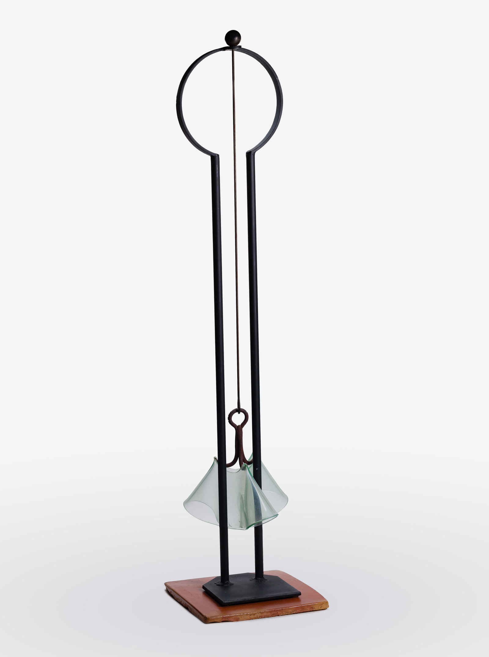 Howard Russo (American, 20th Century) 'Caught Between the Lines' Sculpture: Howard Russo (American, 20th Century) 'Caught Between the Lines' Sculpture 2000, signed underside, assembled steel support having a folded glass element slumped and suspended on a heavy gauge 3-barbed