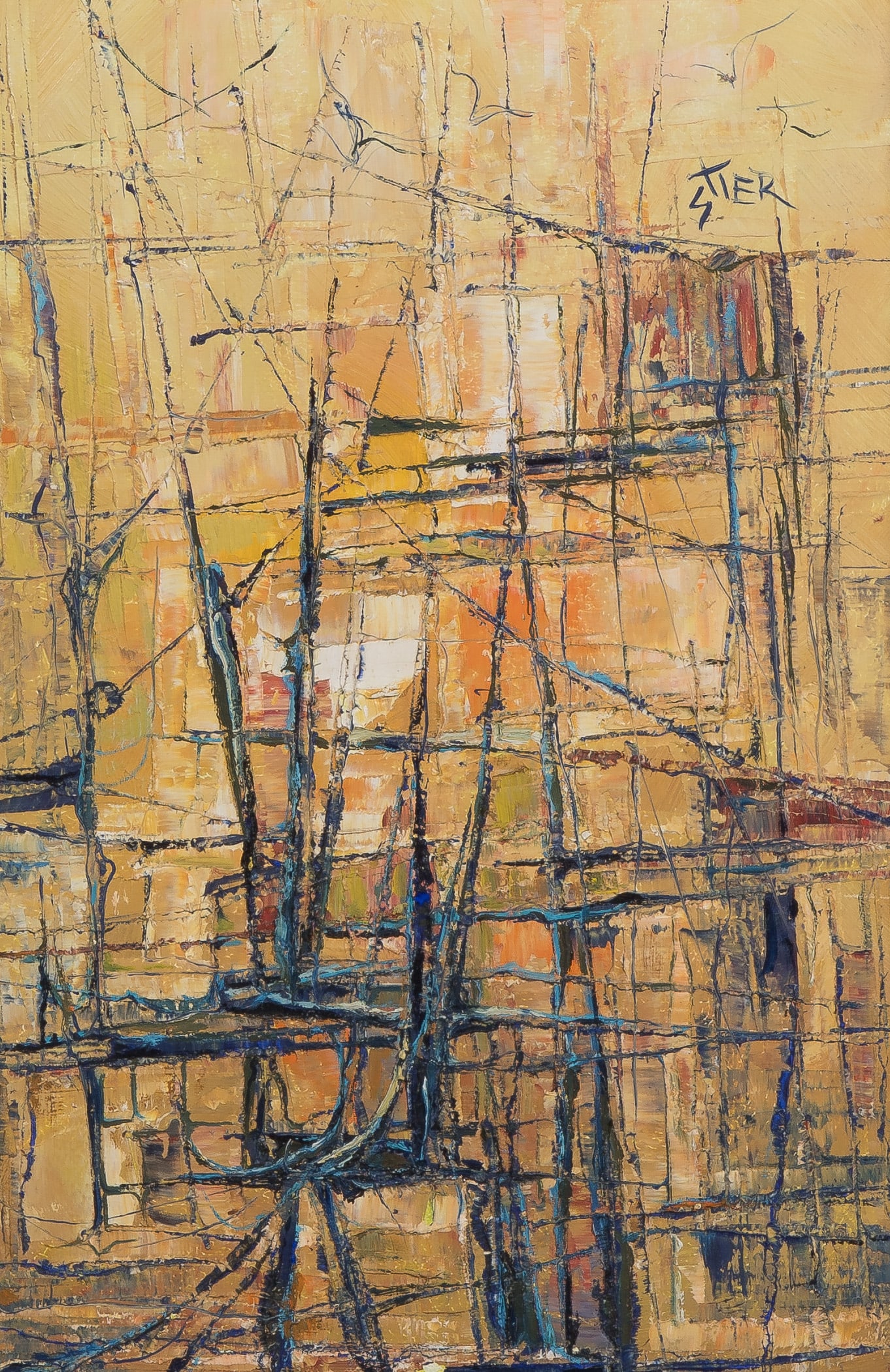 Joan Stier (American, b.1940) 'Harbor Abstractions' Oil on Board: Joan Stier (American, b.1940) 'Harbor Abstractions' Oil on Board Undated, signed, titled and signed again verso, having layered, structural intersecting lines over a warm, yellow and ochre background,