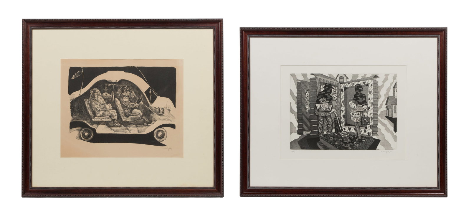 Seymour Rosofsky (American 1924-1981) Engraving and Lithograph: Seymour Rosofsky (American 1924-1981) Engraving and Lithograph (2) items, both pencil signed including 1973 engraving 'Man with Case' #10/30, a surreal depiction of a vacuum cleaner salesman, float mo