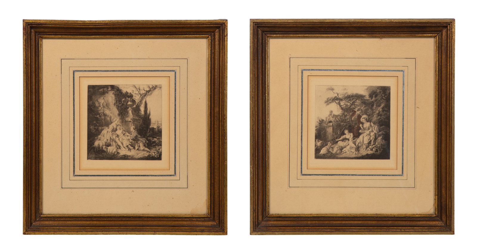 Unknown Artist (French, 19th Century) Etchings: Unknown Artist (French, 19th Century) Etchings (2) sepia-toned, hand colored French Rococo etchings depicting wealthy elites enjoying country picnics, both matted under glass in wood frames Property f