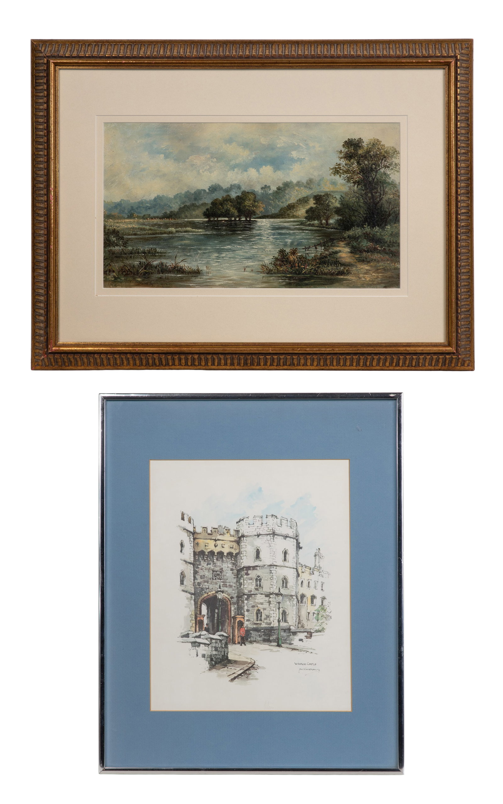 Various Artists (20th Century) Prints: Various Artists (20th Century) Prints (2) items including Windsor Castle and a stream in a countryside setting, both matted under glass in metallic and wood frames Property from: a Private Collector, 