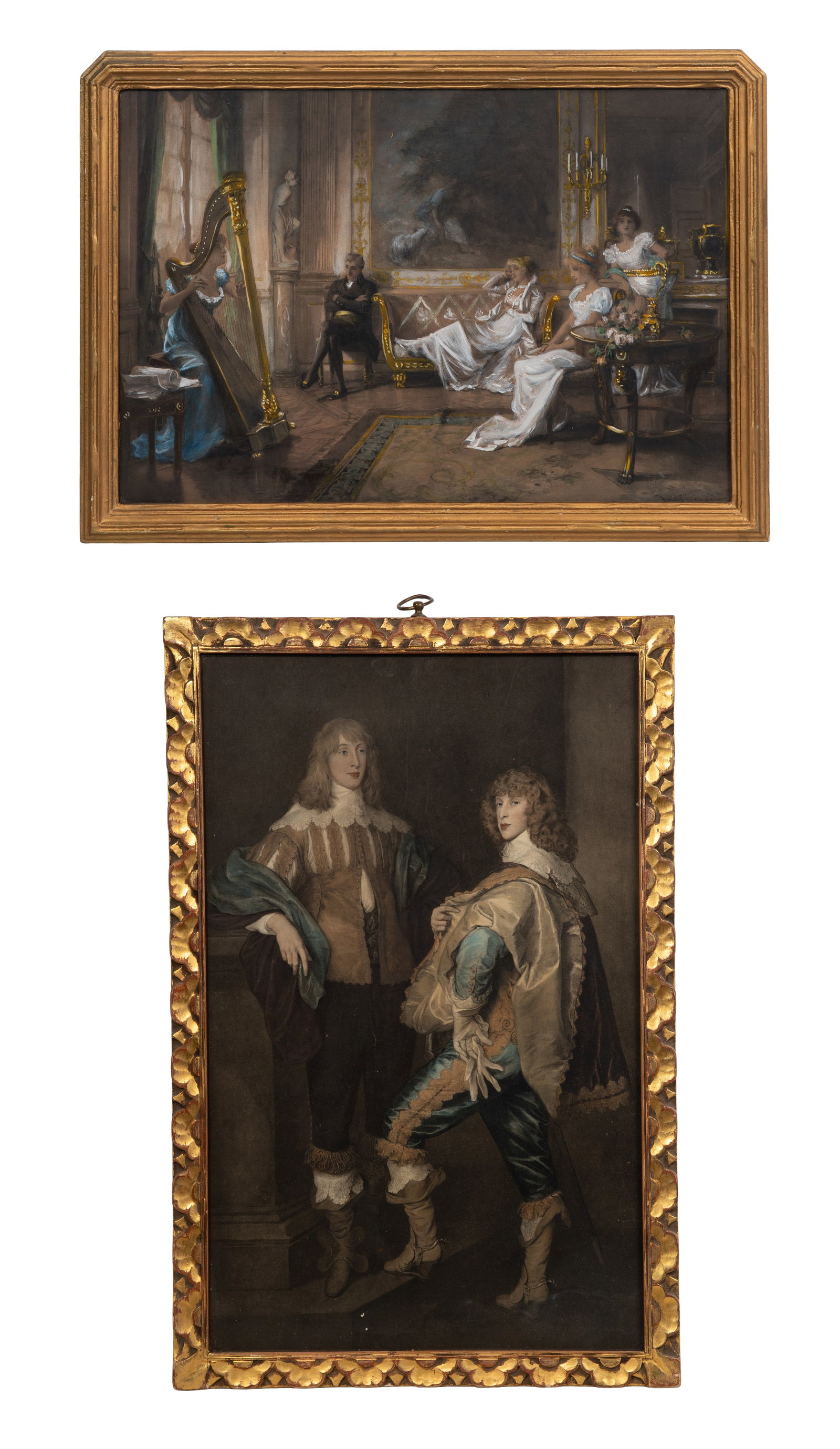 20th Century Continental Prints: 20th Century Continental Prints (2) items including an gauche embellished depiction of Milostna Melodie after Peruvian artist Daniel Hernandez Morillo as well as an embellished portrait of Lord John