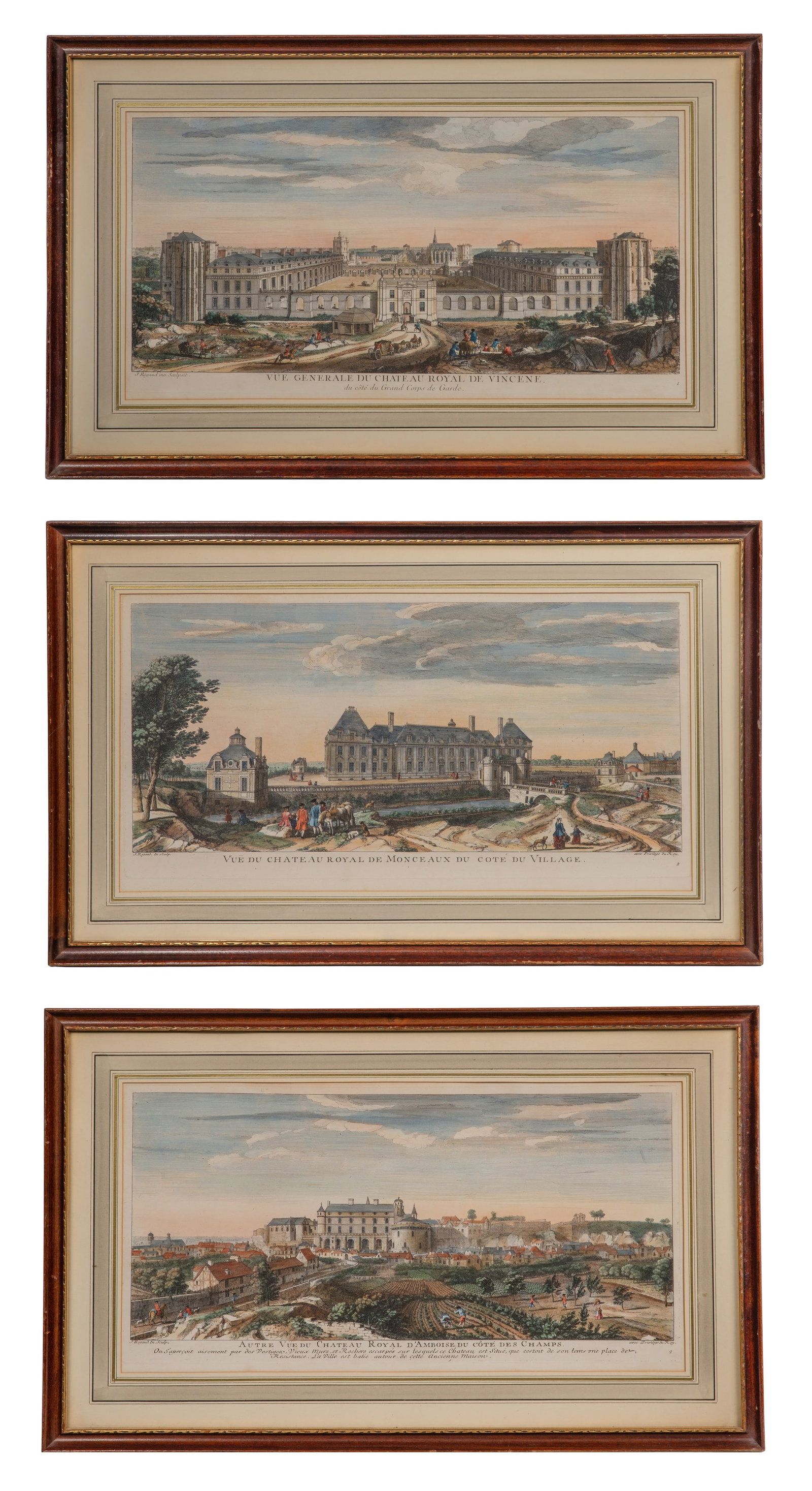 Jacques Rigaud (French, 1680-1754) Engraving Assortment: Jacques Rigaud (French, 1680-1754) Engraving Assortment (3) hand colored engravings of French Chateaux, all matted under glass in wood frames Property from: a Private Collector, Wheaton, Illinois