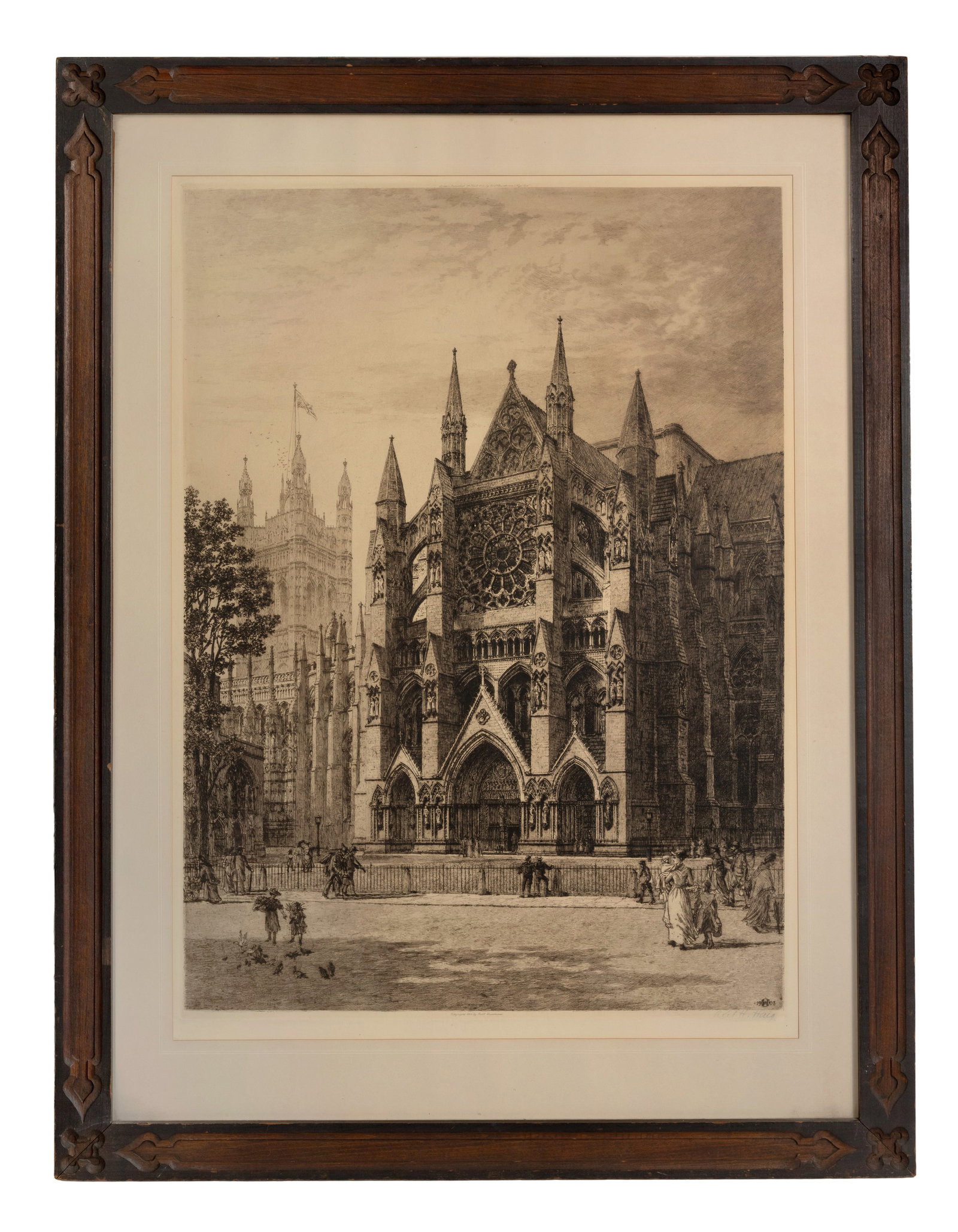 Axel Herman Haig (Swedish, 1835-1921) 'North Porch of Westminster Abbey' Etching: Axel Herman Haig (Swedish, 1835-1921) 'North Porch of Westminster Abbey' Etching 1903, pencil signed, depicting the grand Gothic exterior, intricate stonework, rose window and figures of the era, matt