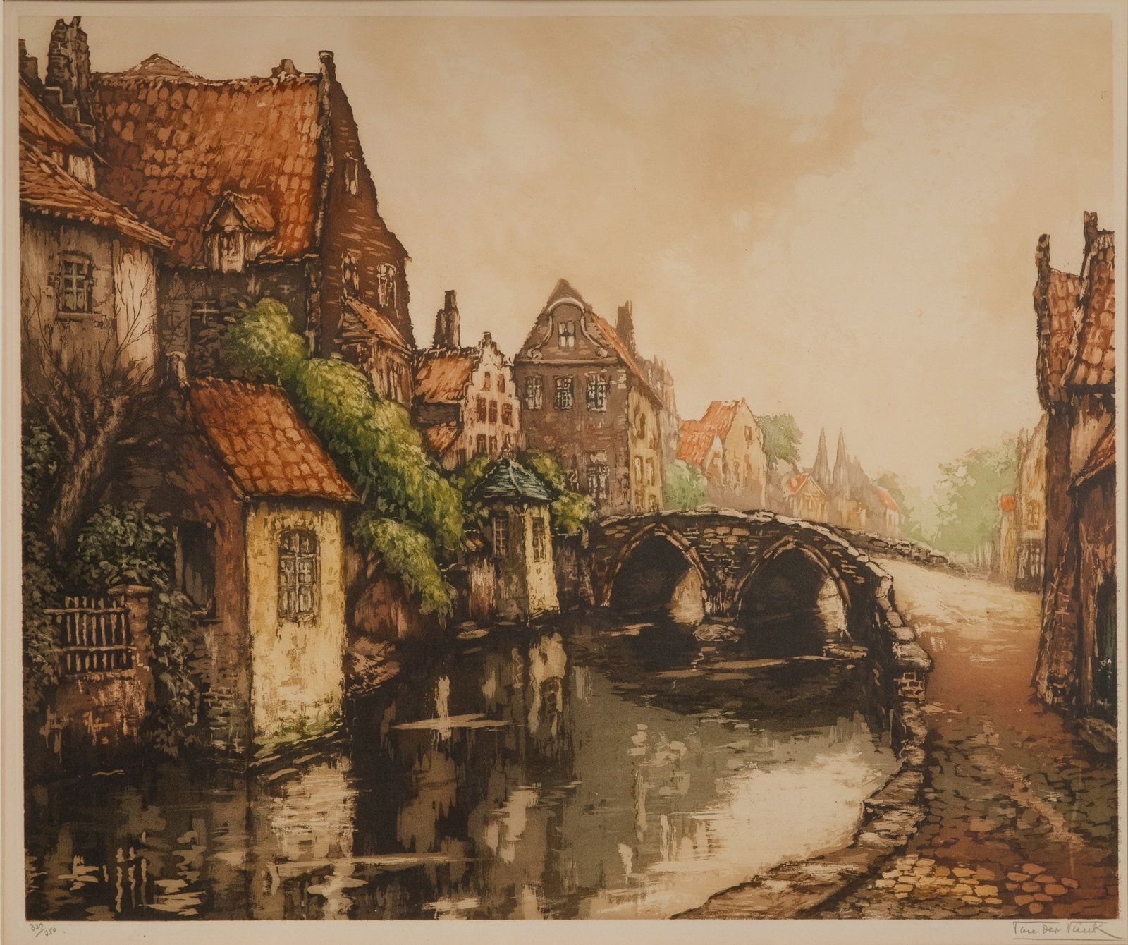 Robert Van Der Vinck (Dutch, 1914-1981) Etching: Robert Van Der Vinck (Dutch, 1914-1981) Etching Undated, signed, #327/250 depicting a bridge over a river in Bruges, matted under glass in a gold-tone painted wood frame Property from: a Private Colle
