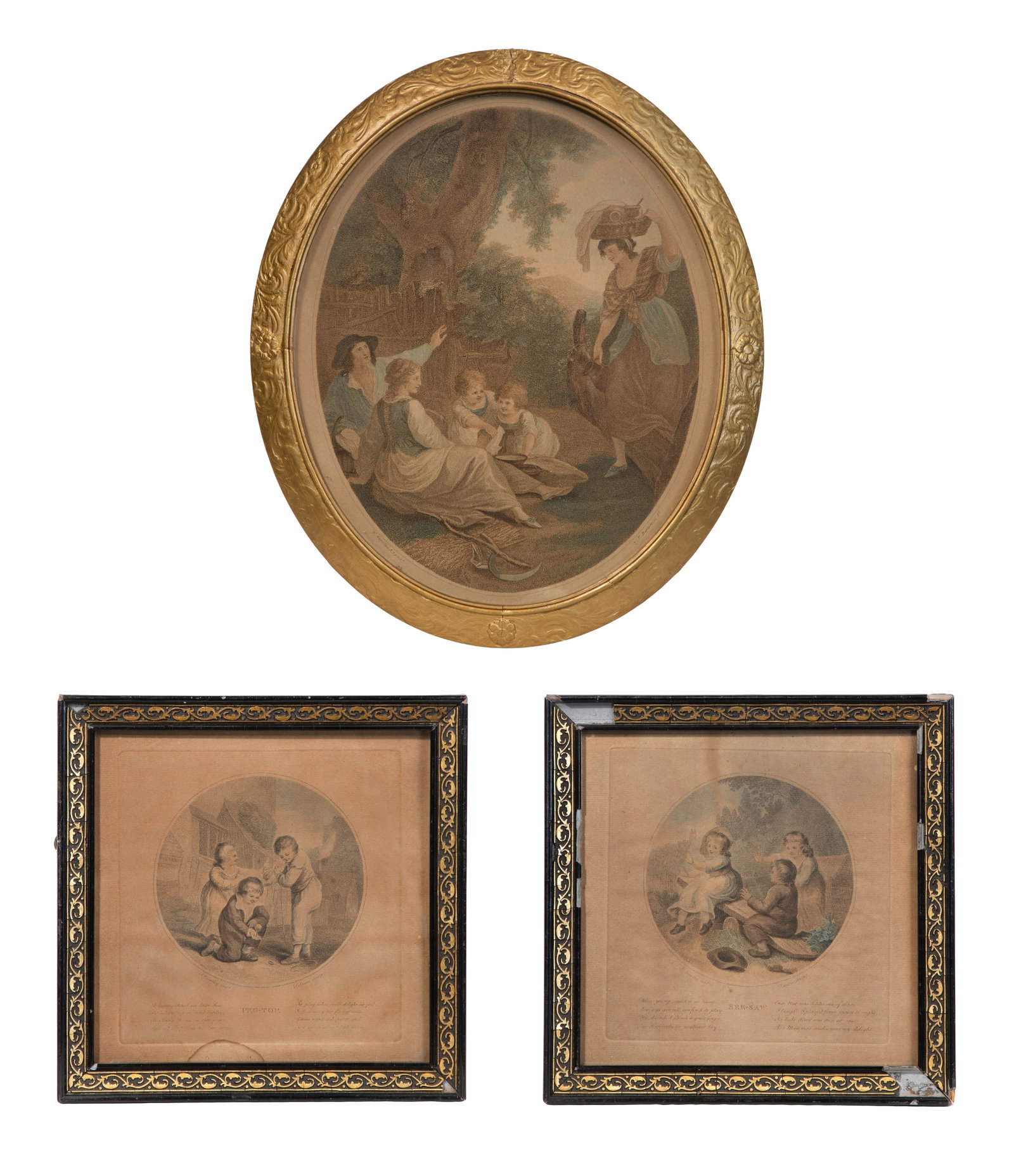 Various Artists (Continental, 19th Century) Mezzotint and Engraving Assortment: Various Artists (Continental, 19th Century) Mezzotint and Engraving Assortment (3) items including an oval print of a pastoral scene as well as (2) square stipple engravings having the vignettes Peg T