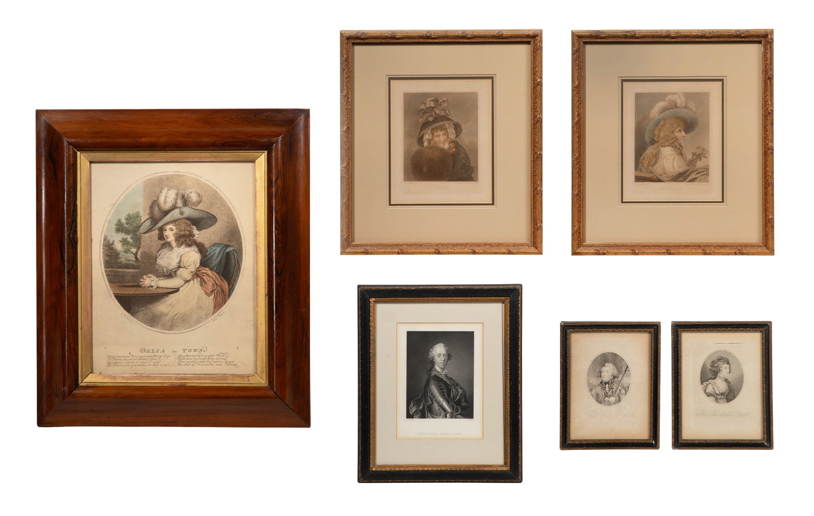 Various Artists (Continental, 18th Century) Engraving Assortment: Various Artists (Continental, 18th Century) Engraving Assortment (6) items including a hand colored stipple engraving titled 'Delia in Town' engraved by John Raphael Smith as well as (5) stipple engra