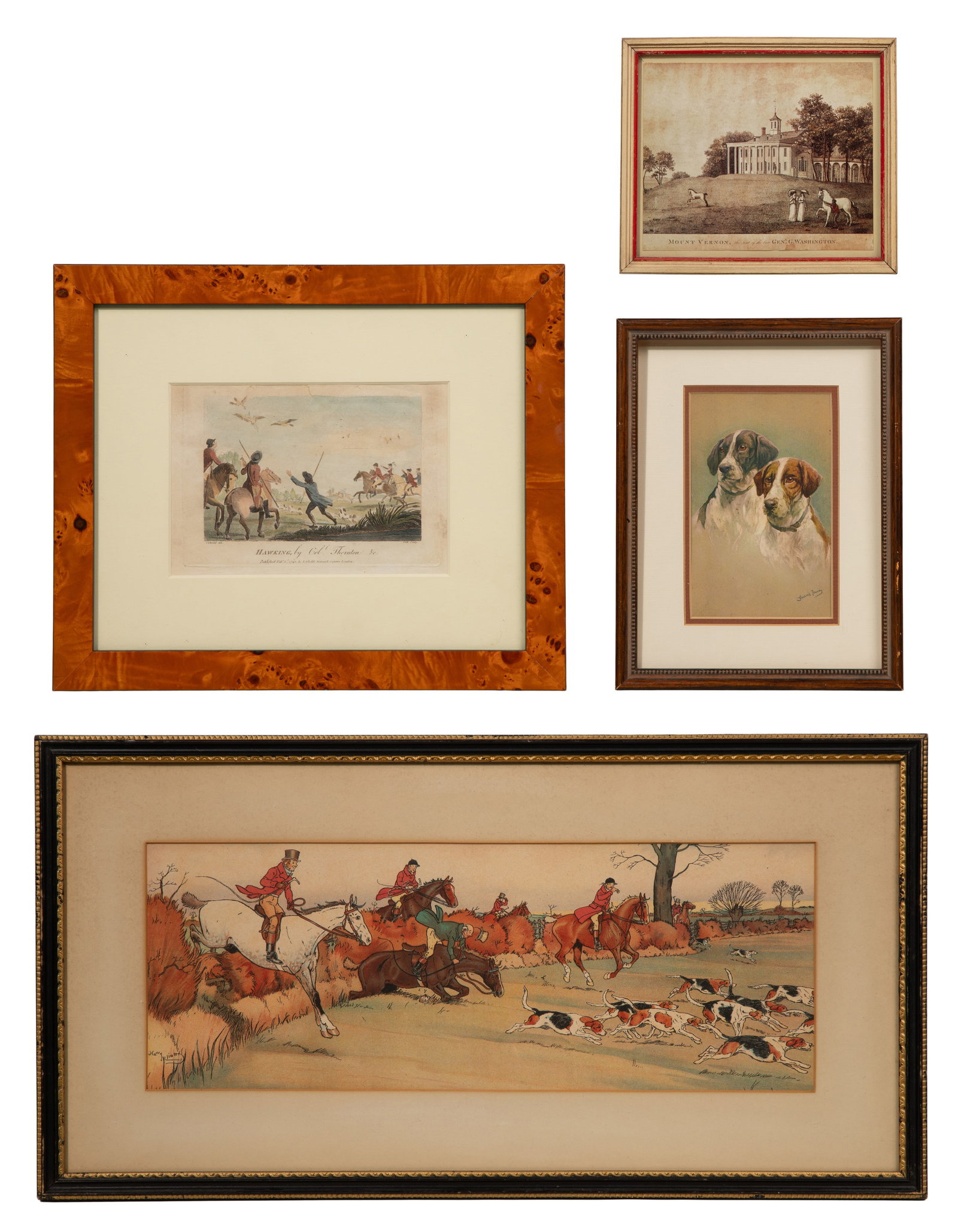 Harry Eliott (French, 1882-1959) Pochoir Print: Harry Eliott (French, 1882-1959) Pochoir Print (4) total items including an undated Harry Eliott having printed signature, depicting a fox hunt, matted behind glass in a gold-tone wood frame;