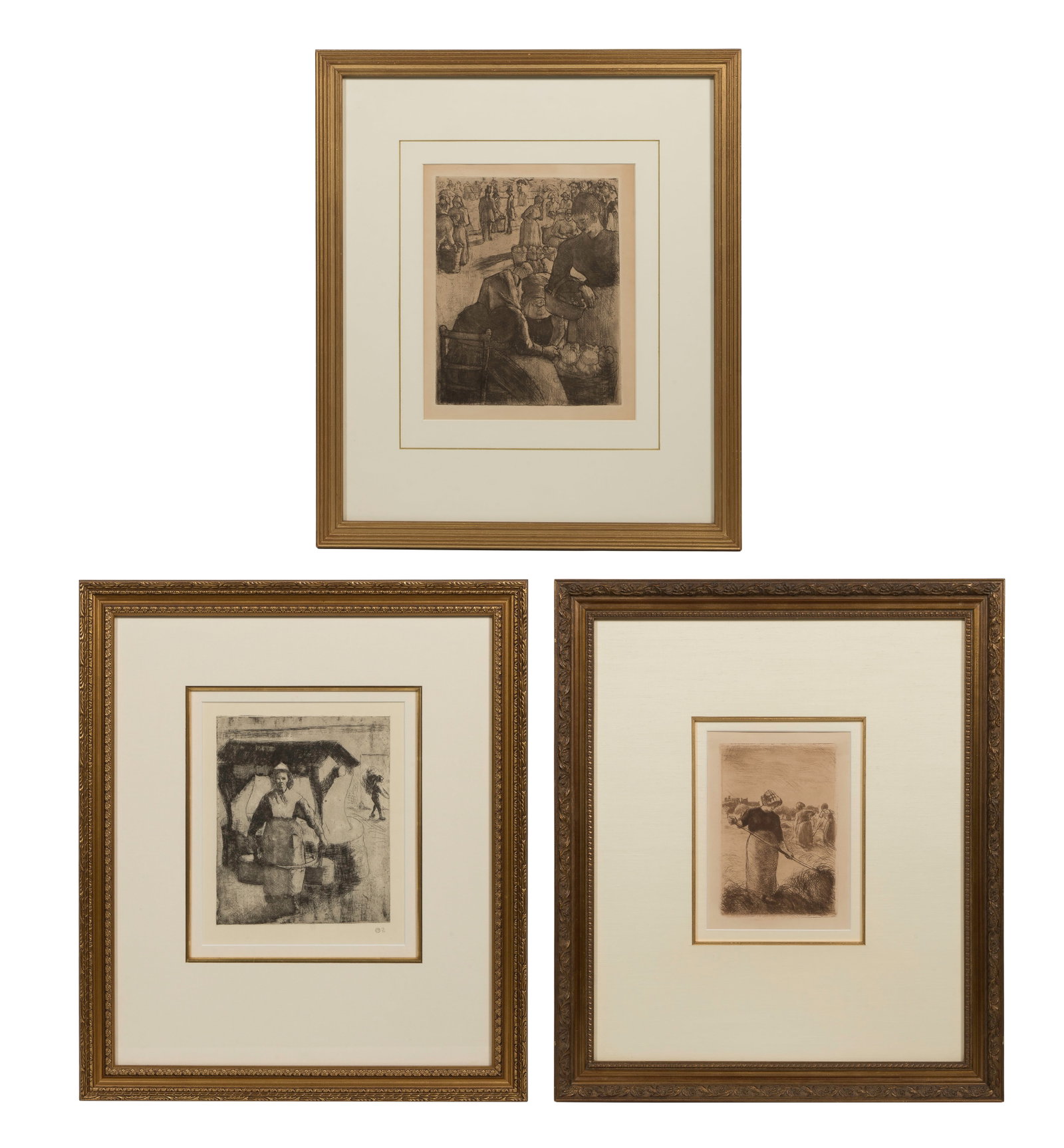 Camille Pissaro (Danish / French, 1830-1919) Etching Assortment: Camille Pissaro (Danish / French, 1830-1919) Etching Assortment (3) items, all posthumous impressions, including 'La Marche aux Legumes a Pontoise' depicting a vegetable market printed in 1923,
